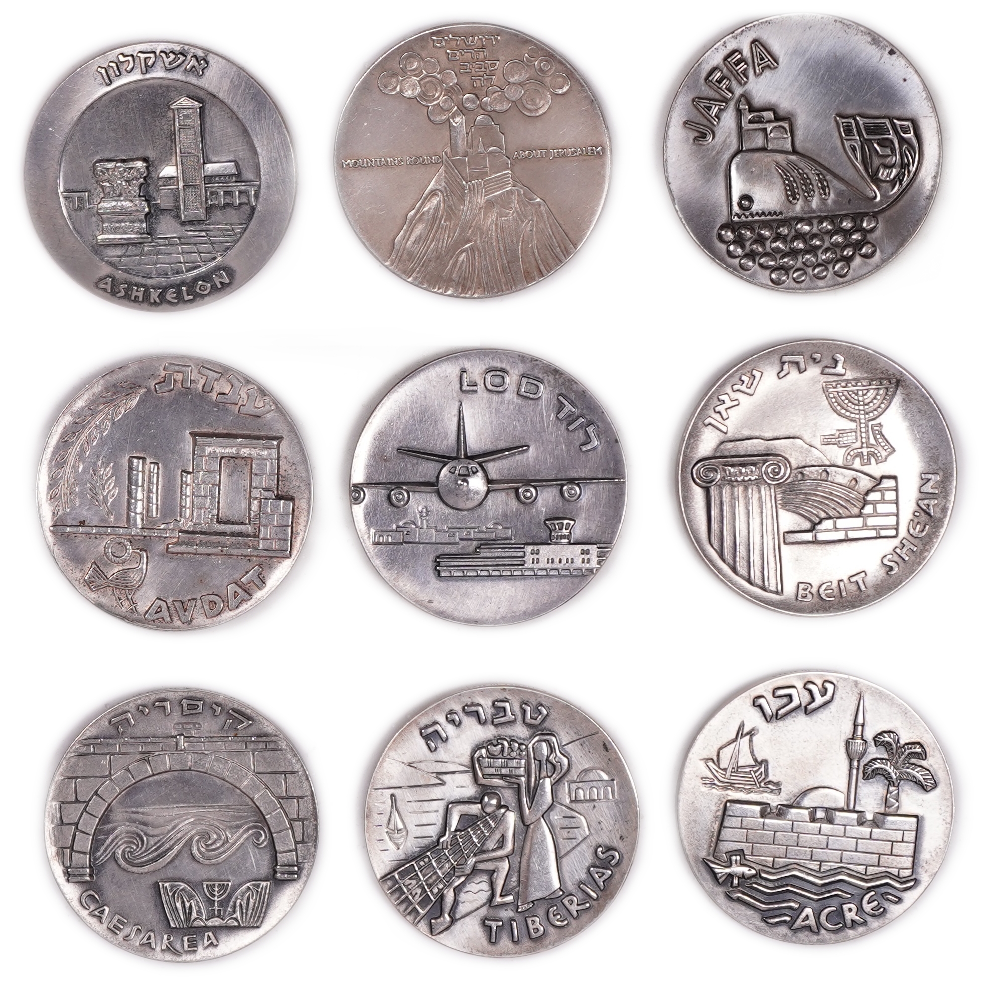Israel - Set of 9 “Coins of the Historic Cities of Israel” Medals - 1965 - Silver 935, 432g (approx. 403.92g pure ... - 1 0