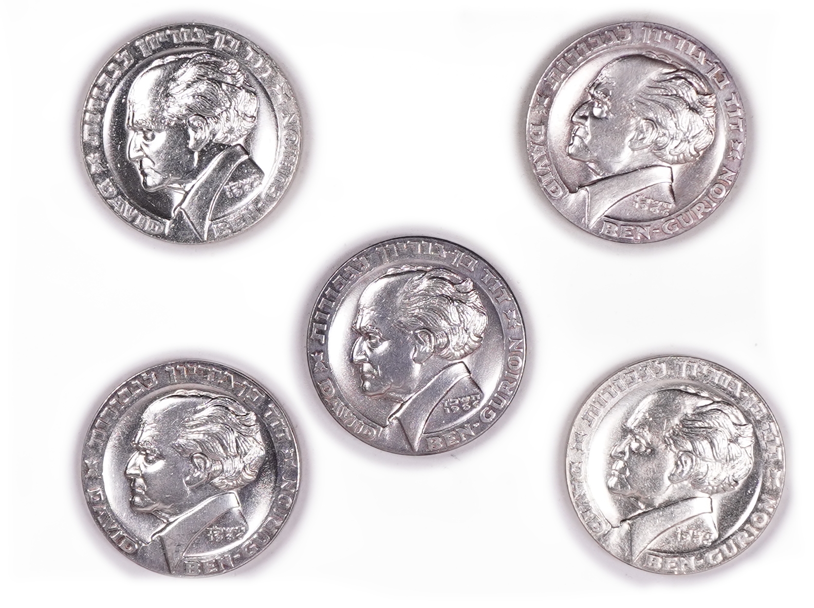 Israel - Lot of 5 David Ben-Gurion “For the Heroism of Israel” Medals - 1966 - Silver 960, approx. 152.4g (approx. ... - 1 0