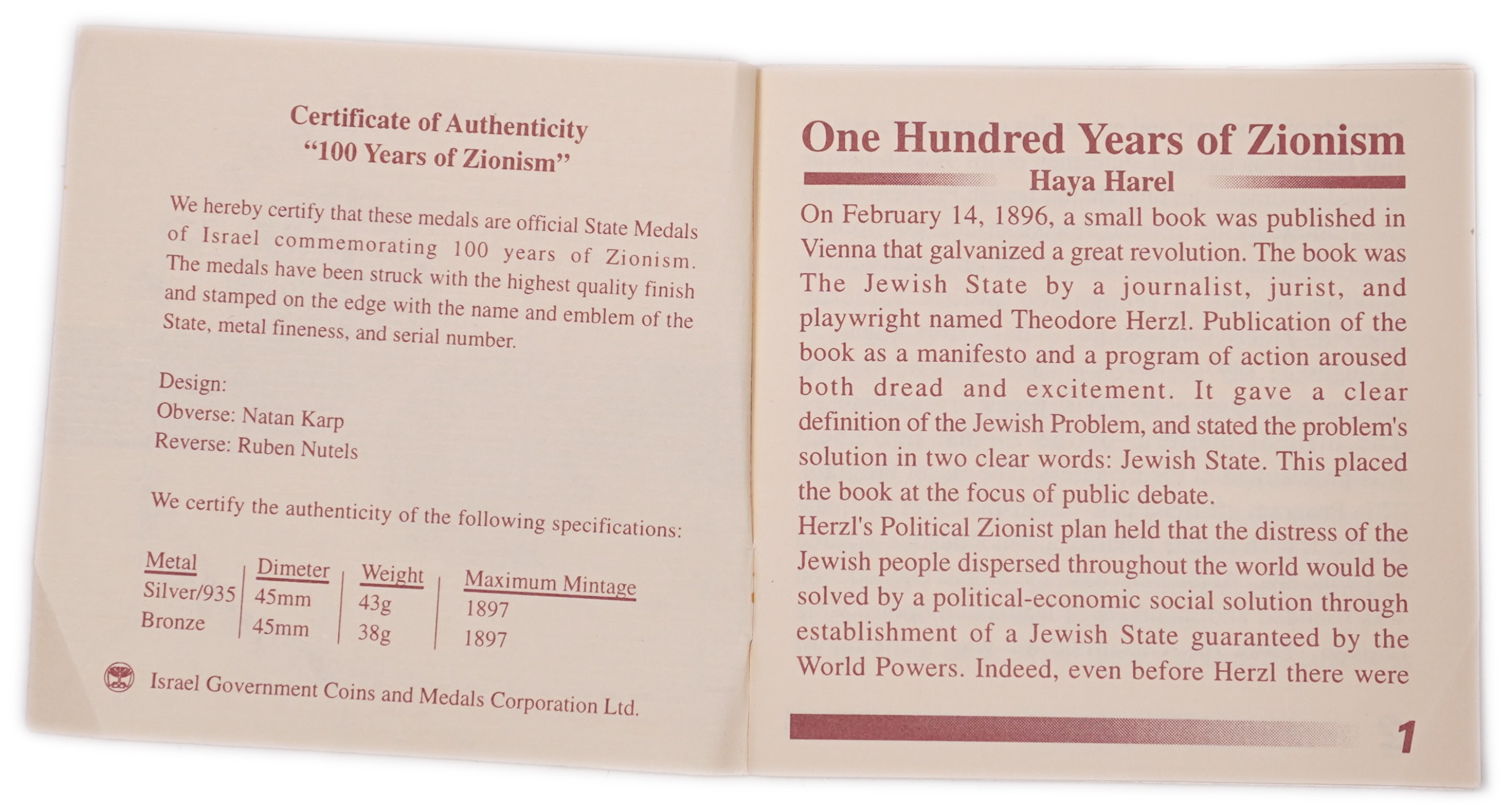Israel - Pair of “100 Years of Zionism” Medals 1997 - Silver .935, 46.52g Gross Weight, Approximately 43.5g Pure ... - 1 2