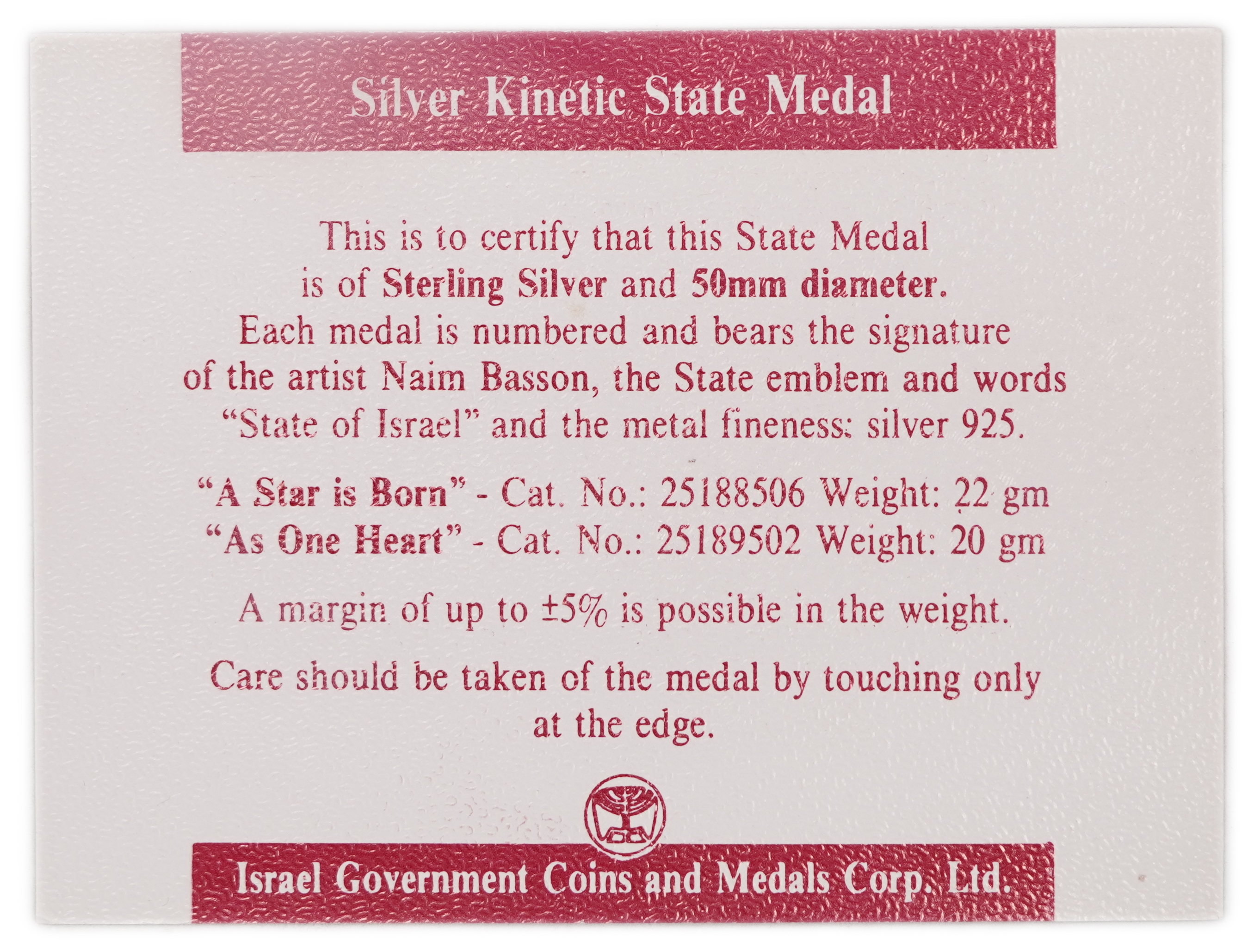 Israel - Pair of Kinetic Medals “A Star is Born” and “One Heart” - Silver 925, 37g (approx. 34.2g pure silver, 1.10 ... - 1 3