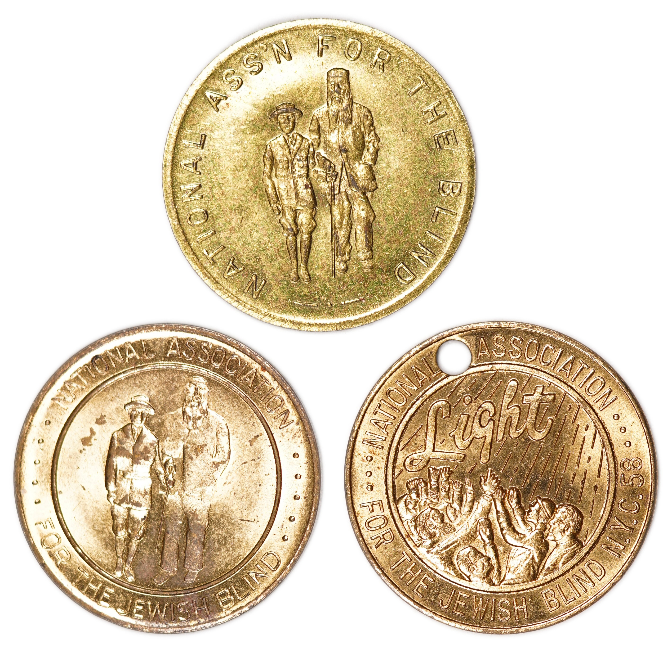 Judaica / Zionism - USA, Three Charity Tokens - National Association for the Jewish Blind, New York, ca. 1930s - 1 0