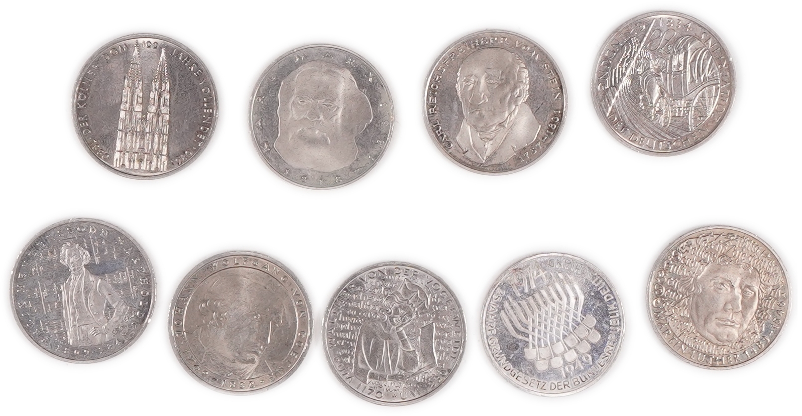 Germany - Lot of 10 West Germany 5 Mark Commemorative Coins - Copper-Nickel, 1 made of 625 silver, 11.2g (7g net ... - 1 1