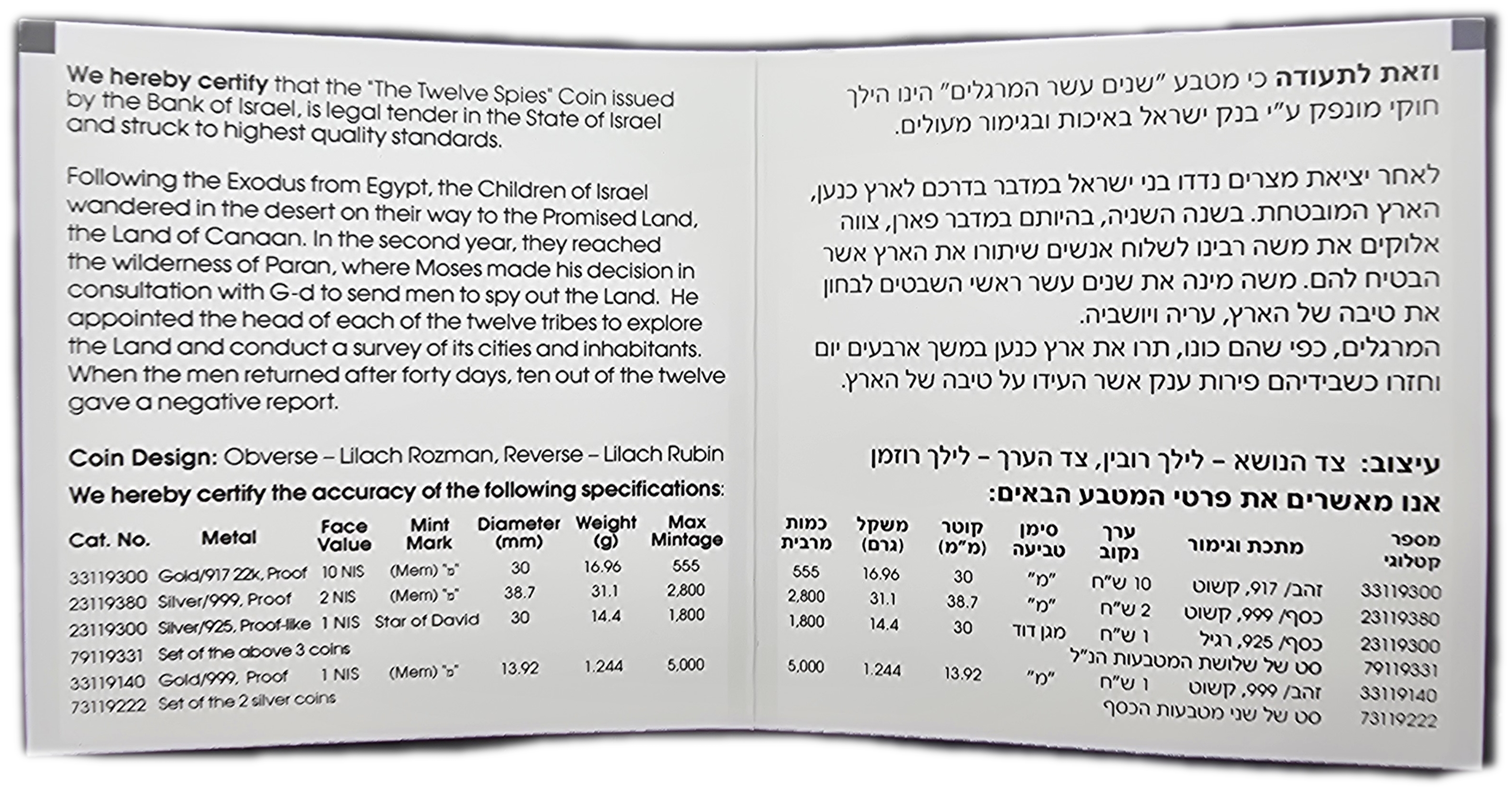 Israel - 1 New Sheqel 2019 - The Twelve Spies - Gold 999, 1.244g (0.04 oz pure gold), 13.92mm - 1 2