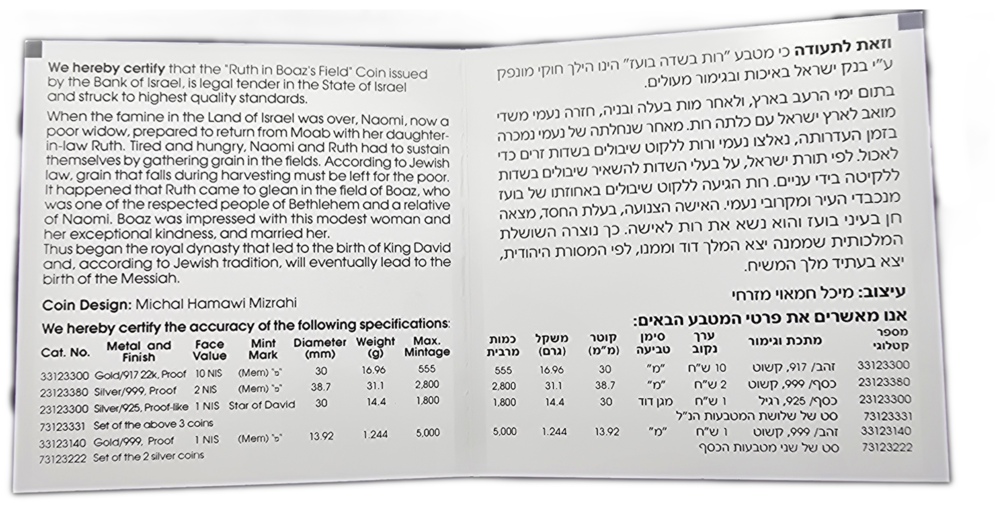 Israel - 1 New Sheqel 2020 - Ruth in Boaz’s Field - Gold 999, 1.244g (0.04 oz pure gold), 13.92mm - 1 2