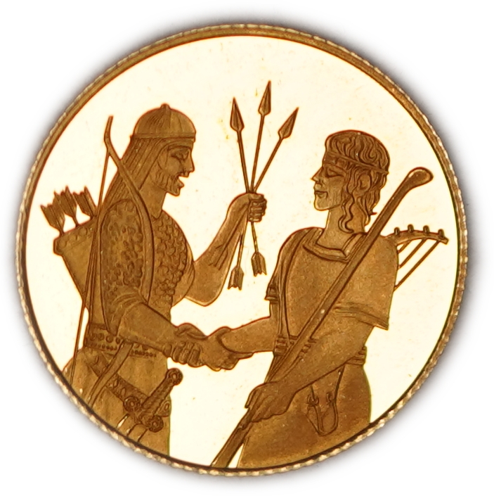 Israel - 1 New Sheqel 2024 - Covenant of David and Jonathan - Gold 999, 1.244g (0.04 oz pure gold), 13.92mm - 1 0