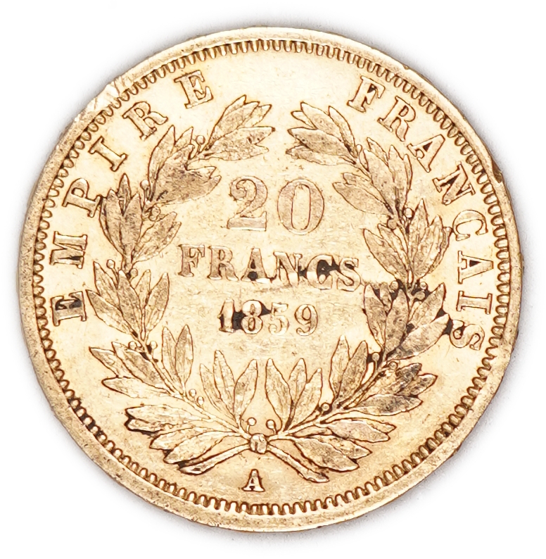 France - 20 Francs 1859 A - Napoleon III - Gold .900, 6.45g, 22mm