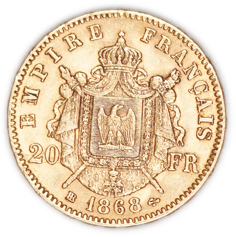 France - 20 Francs 1868 BB - Napoleon III - Gold 900, 6.45g, 22mm