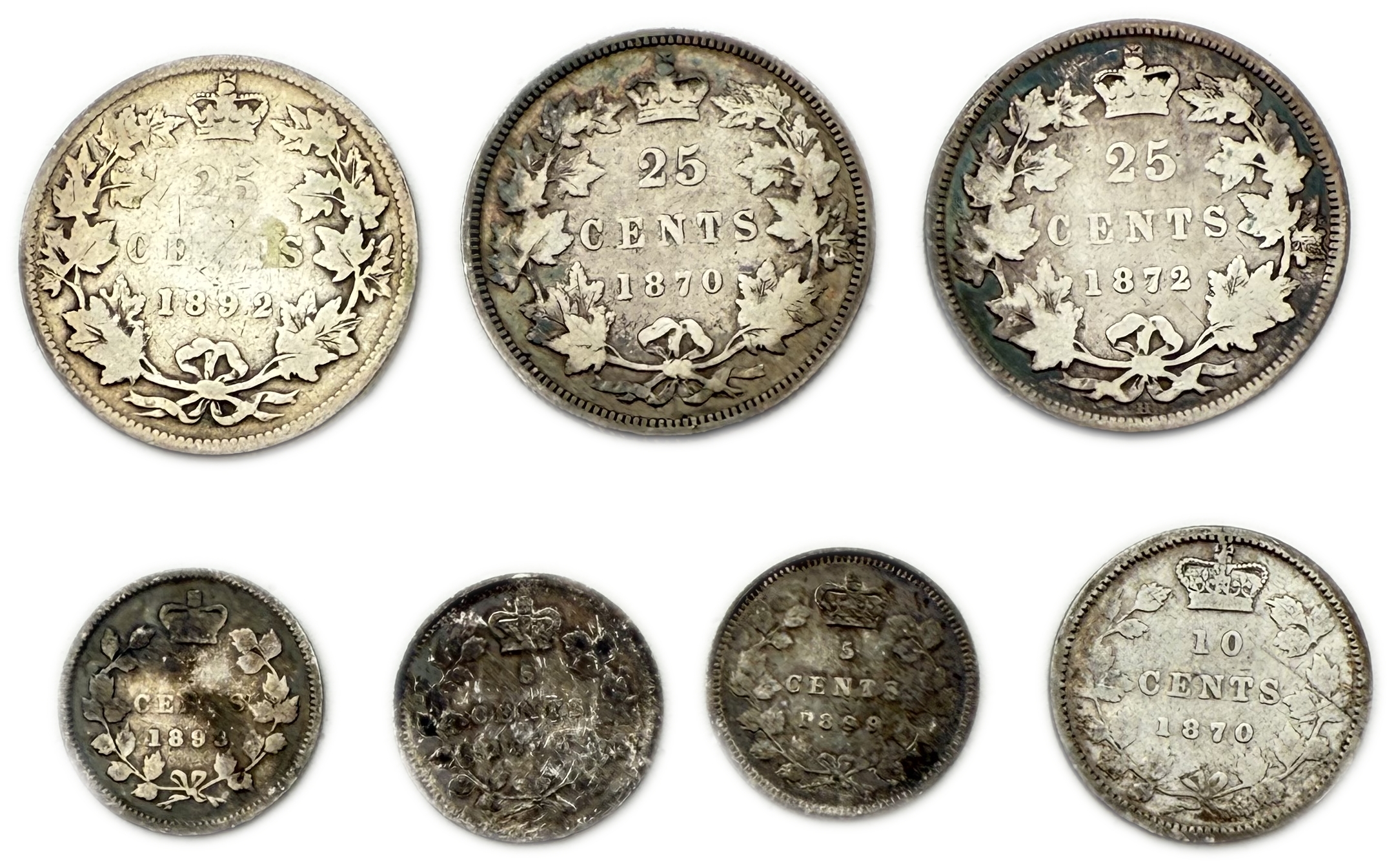 Canada - Lot of 7 Silver coins of 5, 10 and 25 Cents 1870, 1872, 1892, 1893, 1899 - Silver 925, Total 23.25g (NET ...