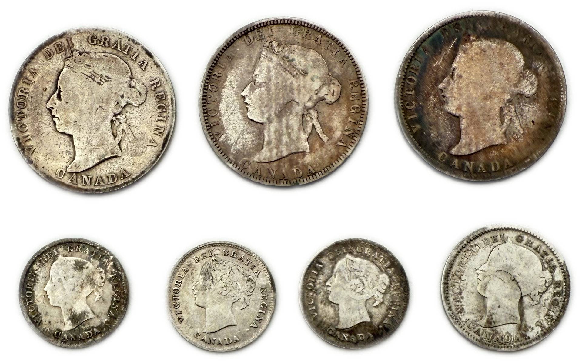Canada - Lot of 7 Silver coins of 5, 10 and 25 Cents 1870, 1872, 1892, 1893, 1899 - Silver 925, Total 23.25g (NET ... - 1 1