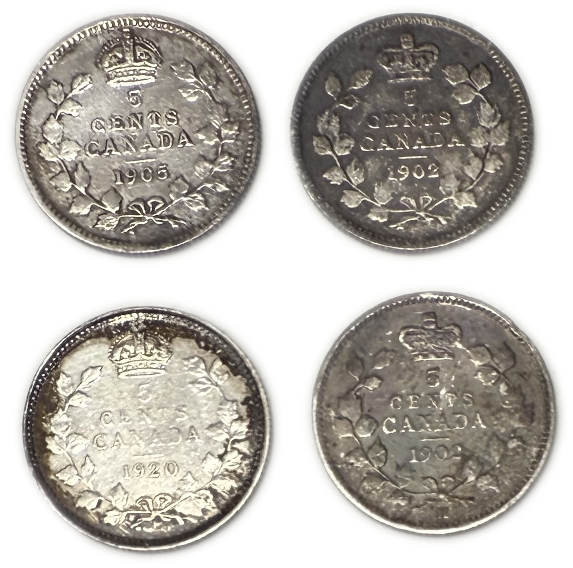 Canada - Lot of 4 Silver coins of 10 Cents 1902, 1905, 1920 - Silver 925, Total 4.65g (NET 4.3g, 0.14 OZ) - 1 0