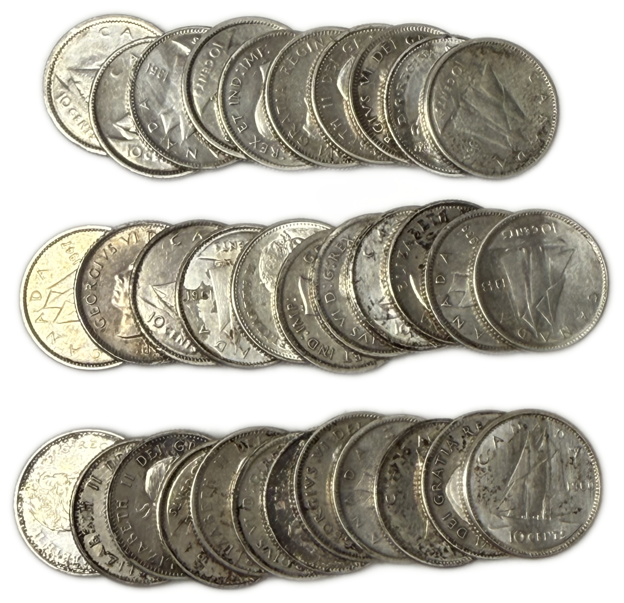 Canada - Lot of 33 Silver coins of 10 Cents, Variety of years - Silver 800, Total 76.89g (NET 61.51g, 1.97 OZ) - 1 0
