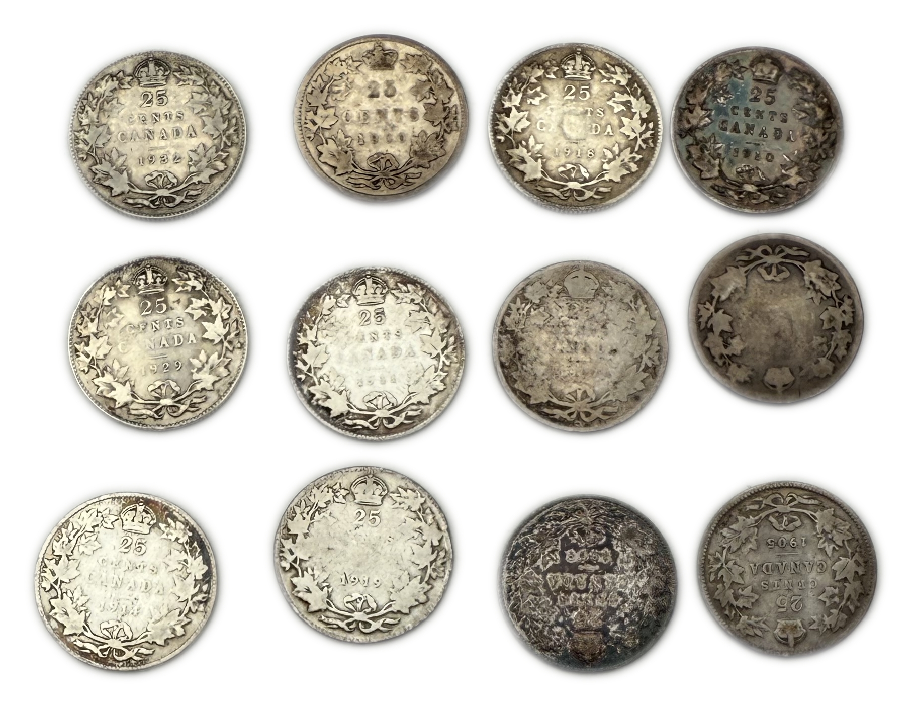 Canada - Lot of 12 Silver coins of 25 Cents 1900, 1904, 1905, 1907, 1909, 1910, 1911, 1914, 1918, 1919, 1929, 1932 ... - 1 0