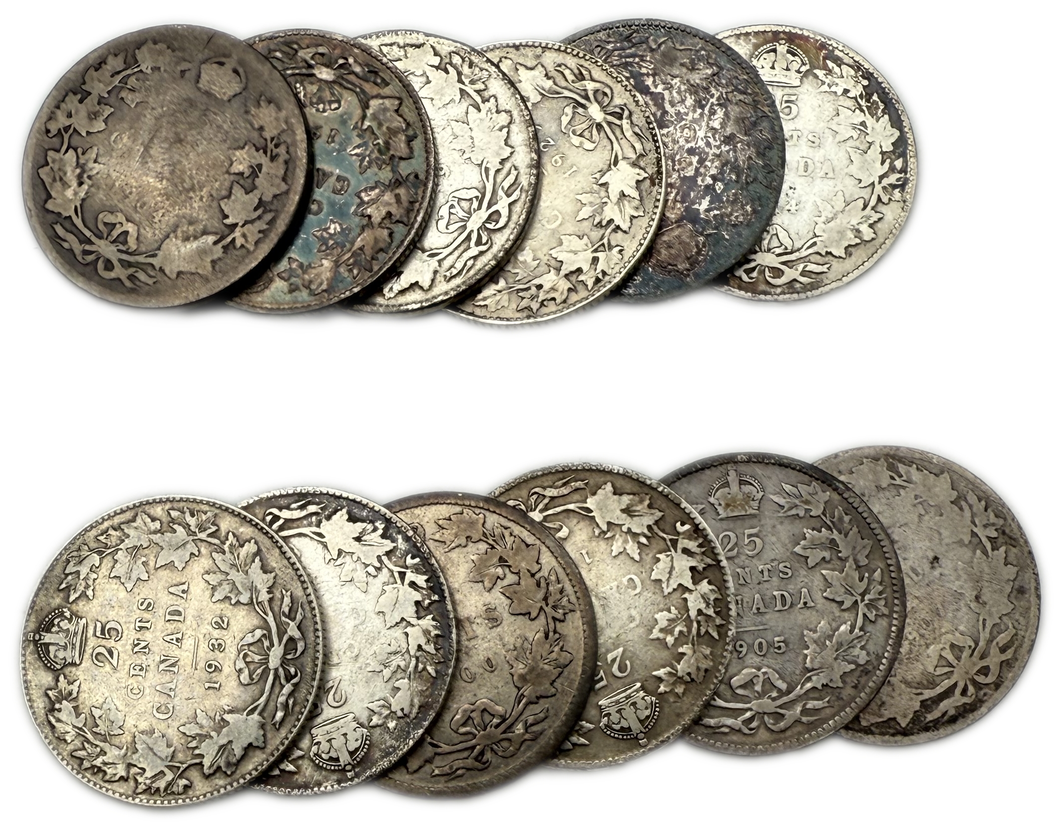 Canada - Lot of 12 Silver coins of 25 Cents 1900, 1904, 1905, 1907, 1909, 1910, 1911, 1914, 1918, 1919, 1929, 1932 ... - 1 2