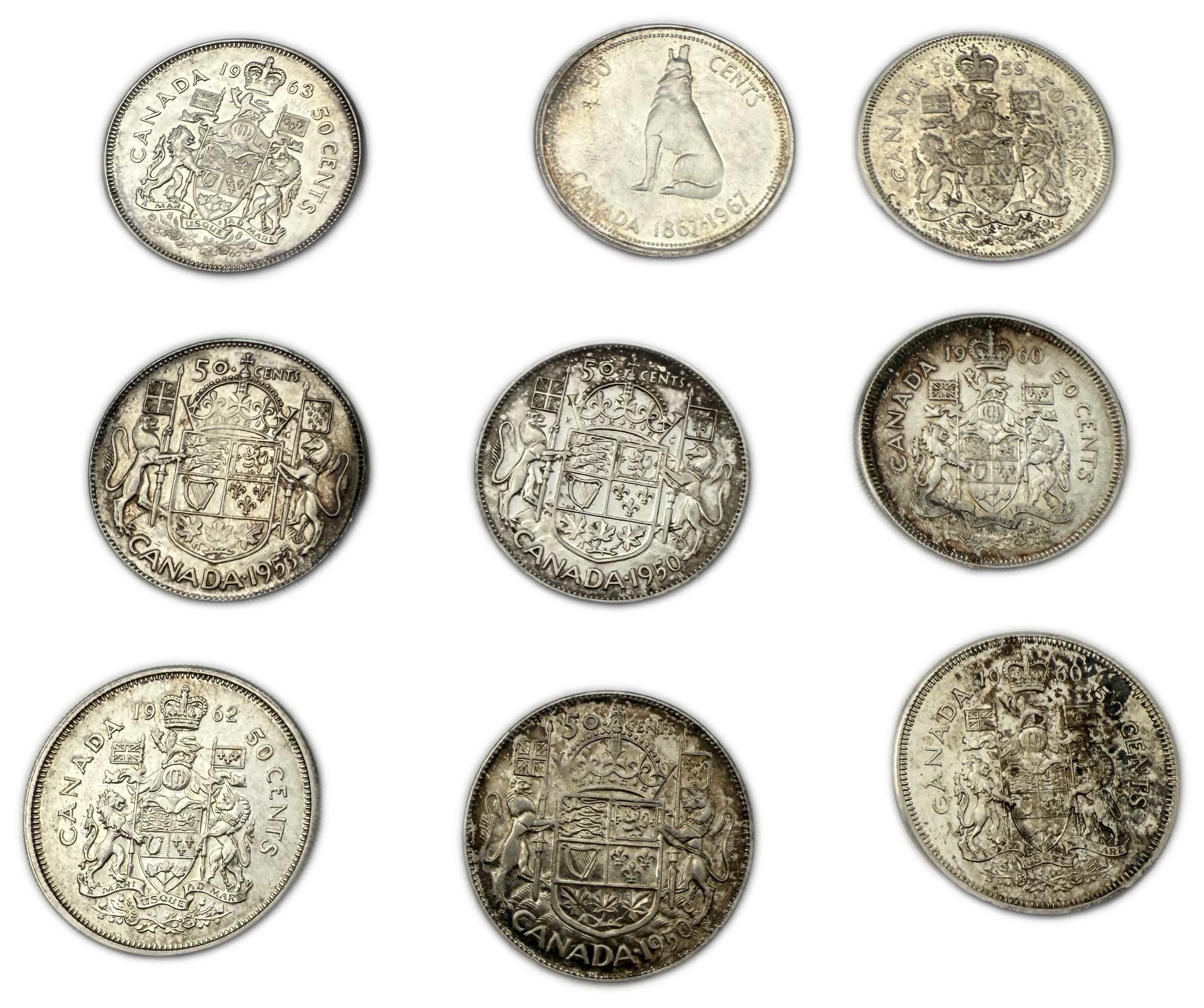 Canada - Lot of 23 Silver coins of 50 Cents, Variety of years - Silver 800, Total 268g (NET 214.4g, 6.89 OZ) - 1 5
