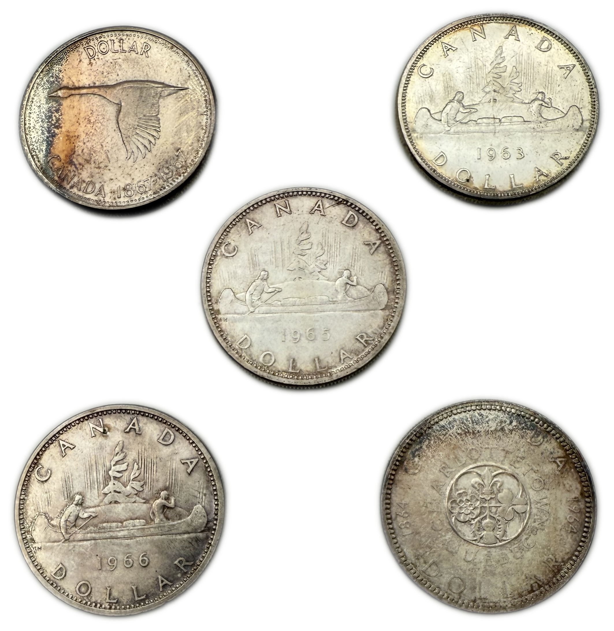 Canada - Lot of 5 Silver coins of 1 Dollar 1963, 1964, 1965, 1966, 1967 - Elizabeth II 1st portrait - Silver 800 ... - 1 1