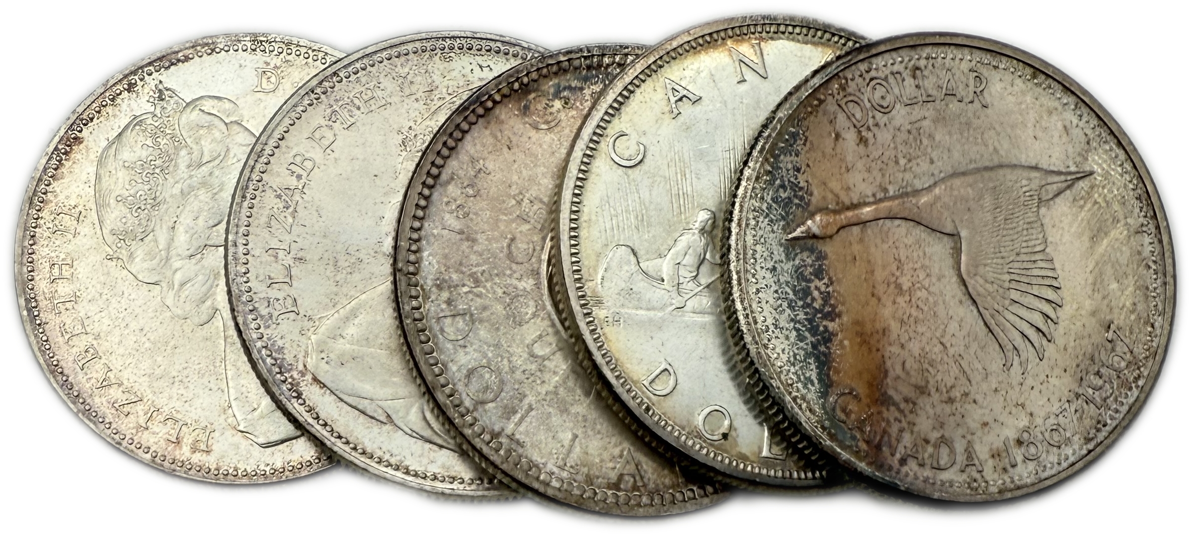 Canada - Lot of 5 Silver coins of 1 Dollar 1963, 1964, 1965, 1966, 1967 - Elizabeth II 1st portrait - Silver 800 ... - 1 2