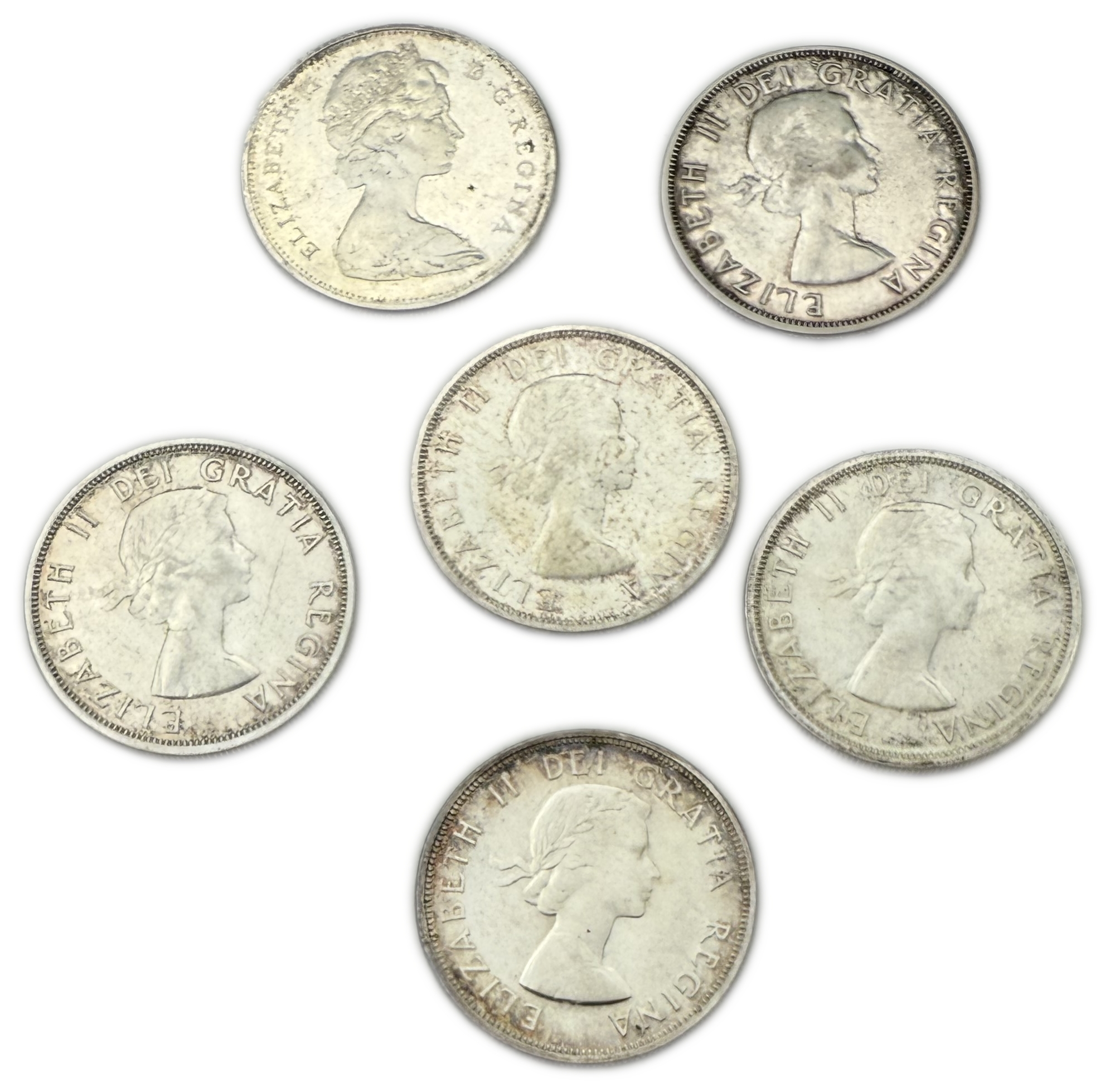 Canada - Lot of 6 Silver coins of 1 Dollar 1959, 1960, 1961, 1962, 1964, 1965 - Elizabeth II 1st portrait - Silver ... - 1 0