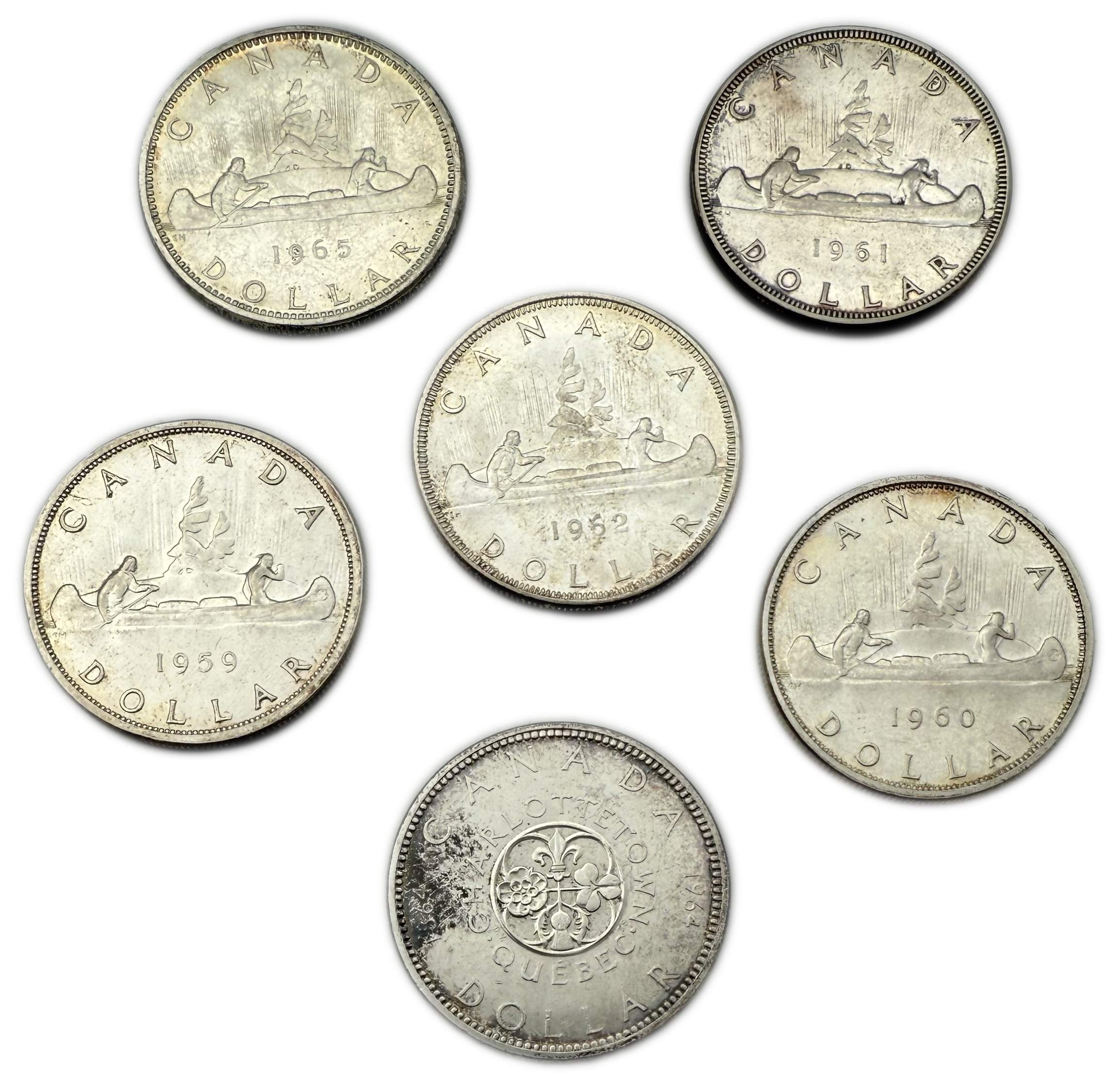 Canada - Lot of 6 Silver coins of 1 Dollar 1959, 1960, 1961, 1962, 1964, 1965 - Elizabeth II 1st portrait - Silver ... - 1 1