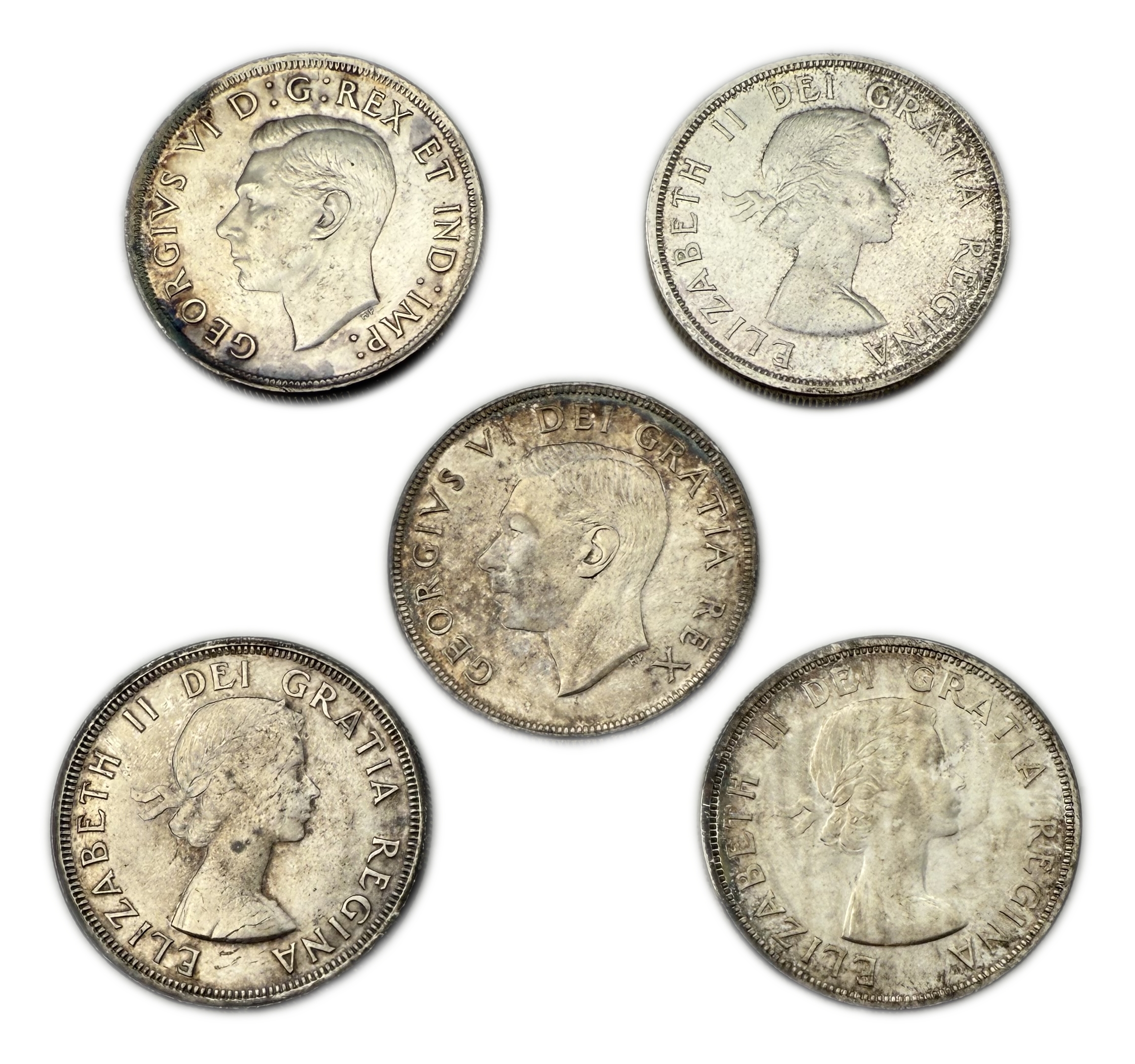 Canada - Lot of 5 Silver coins of 1 Dollar 1939, 1952, 1953, 1957, 1958 - Silver 800, Total 116.65g (NET 93.32g, 3 OZ)