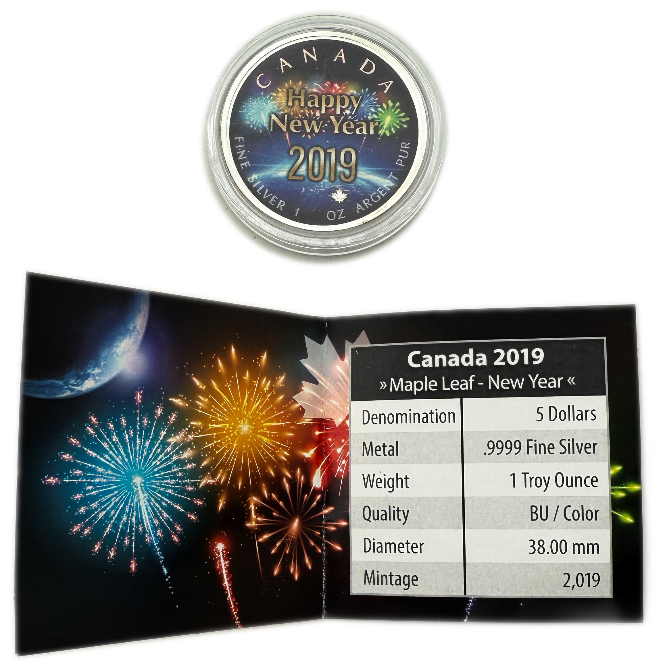 Canada - 5 Dollars 2019 - Maple Leaf - Happy New Year - Silver 999, 31.1g (1 OZ), 38mm - 1 2
