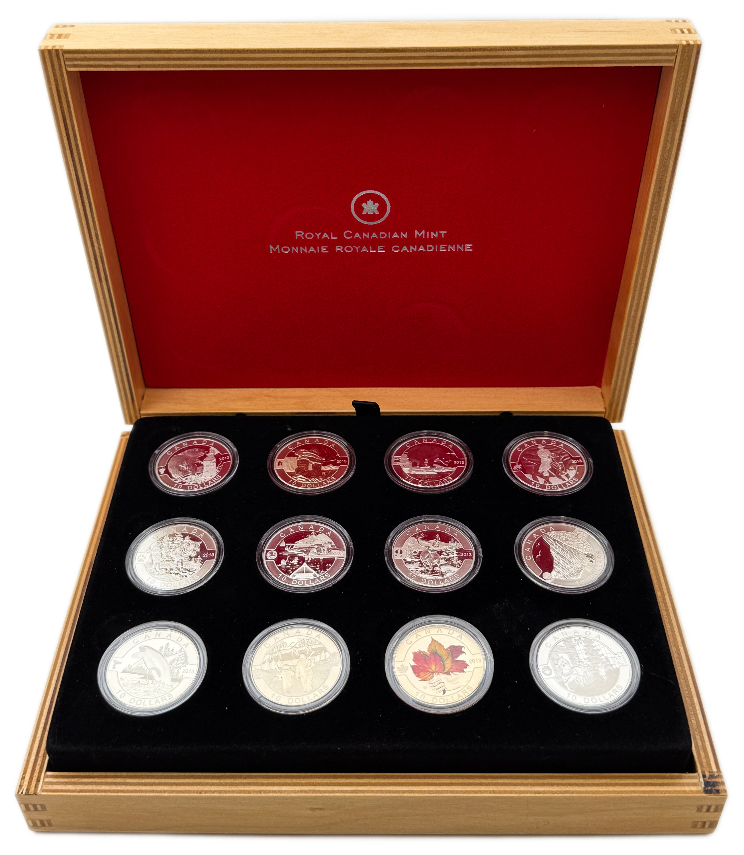 Canada - 12 Coins of 10 Dollars 2013, Pure Silver Set with Display Case - Silver 999, Total 190.44g (6.12 OZ), 34mm - 1 0