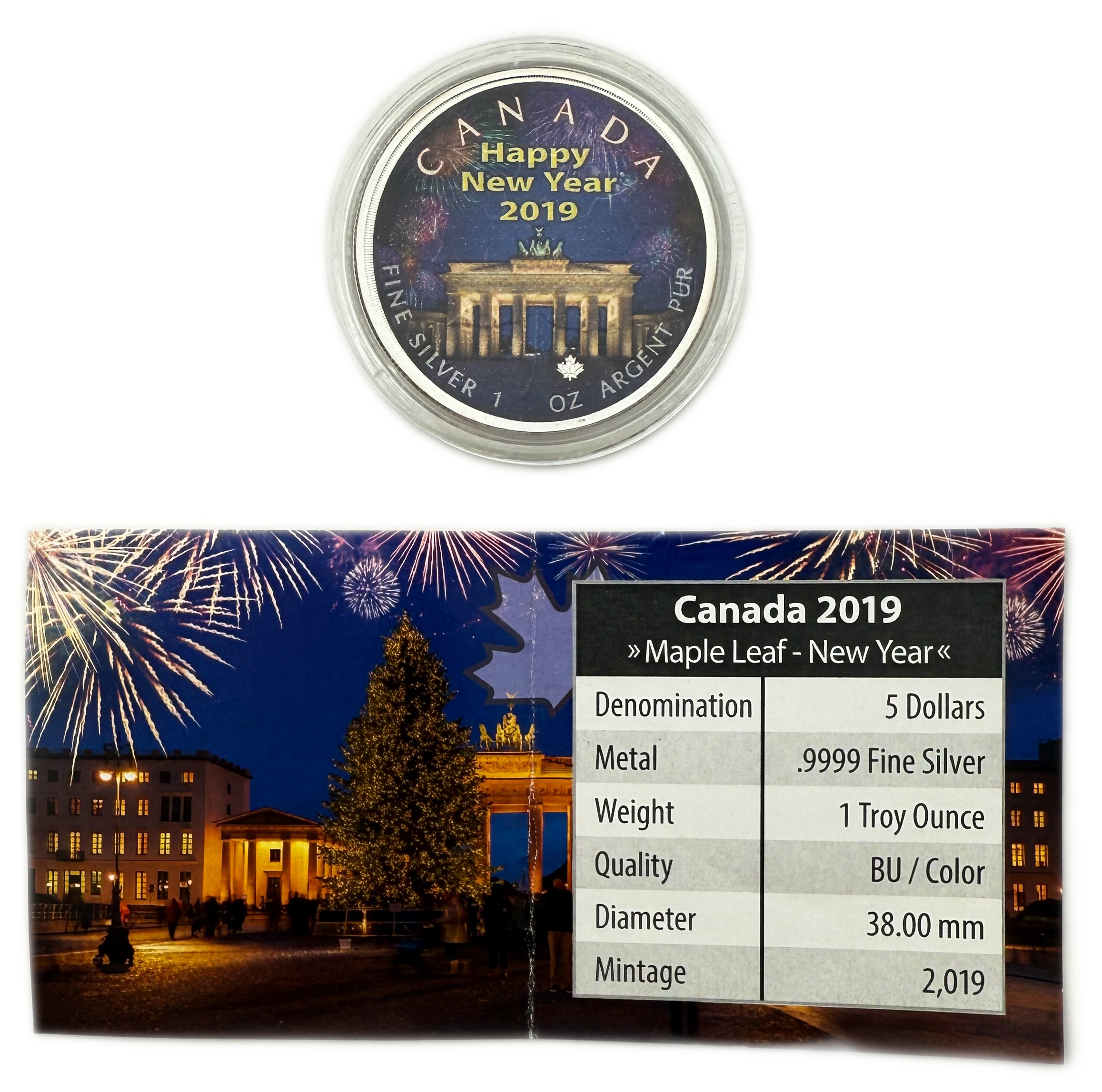 Canada - 5 Dollars 2019 - Maple Leaf - Happy New Year - Silver 999, 31.1g (1 OZ), 38mm - 1 2