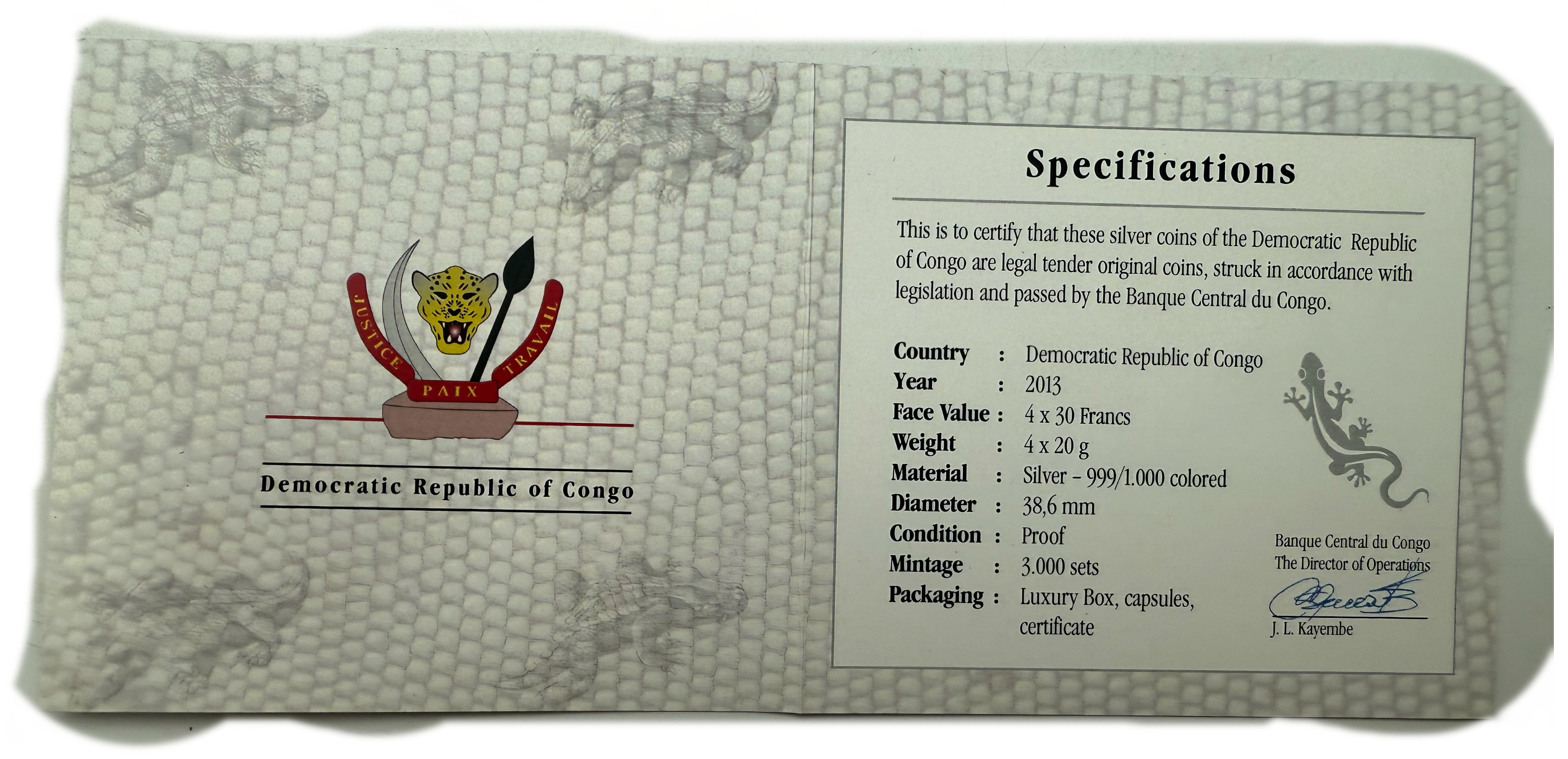 Congo - 30 Francs 2013 Magnificent Reptiles - Silver 999, 20g (total net 80g, 2.57 ounces), 38.6mm - 1 2