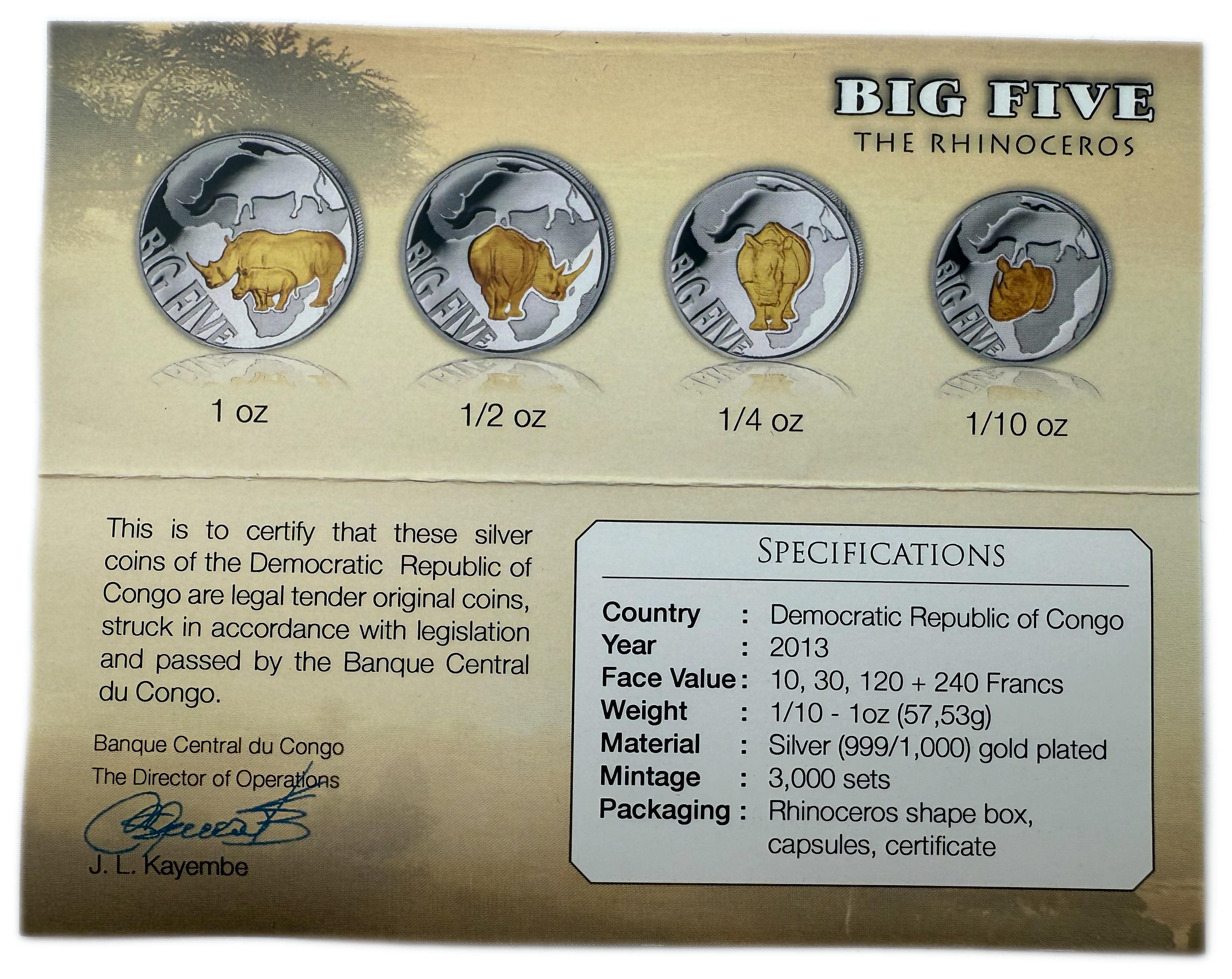 Congo - 10, 30, 120 and 240 Francs 2013 - "Big Five Rhinoceros" - Silver 999, total 57.53g, 1.85 ouncesr - 1 3