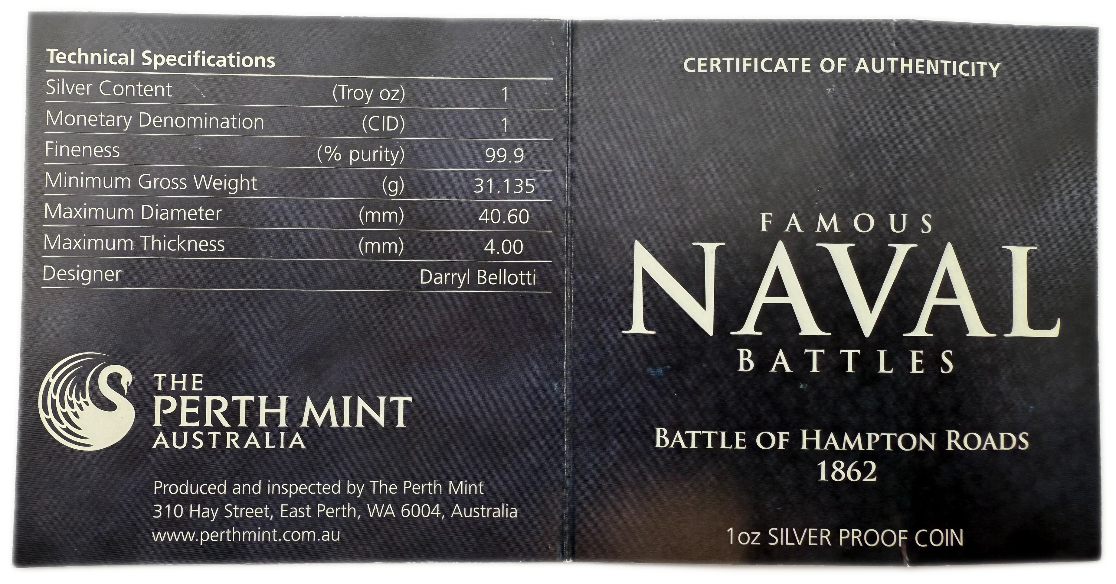 Cook Islands - 1 Dollar 2011 - Elizabeth II, Battle of Hampton Roads - Silver 999, 31.1g, 40.6mm - 1 3