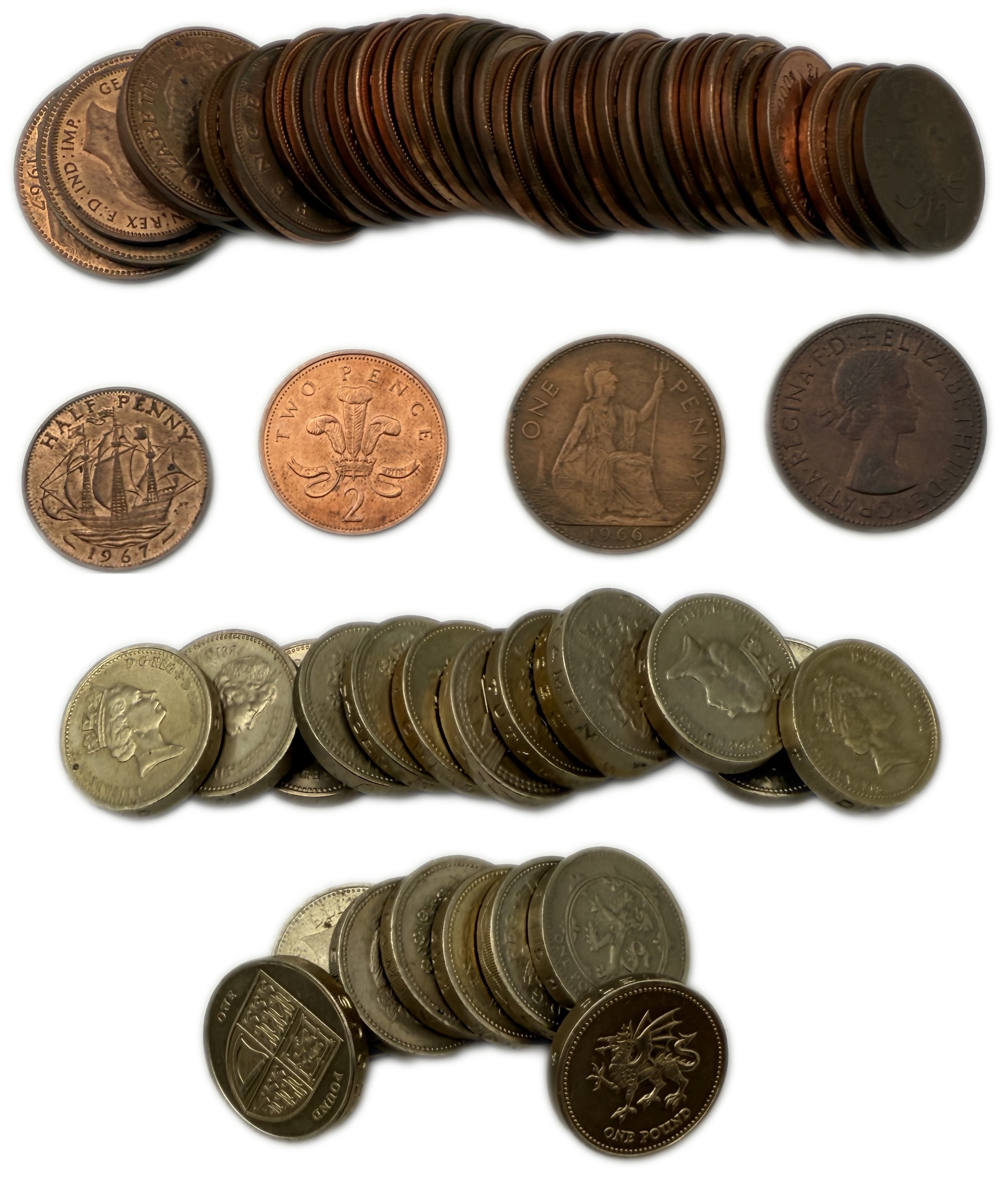 England / Great Britain - Lot of 51 coins, 30 Coins of 2 Pence, different years and 21 coins of 1 Pound - 1 0