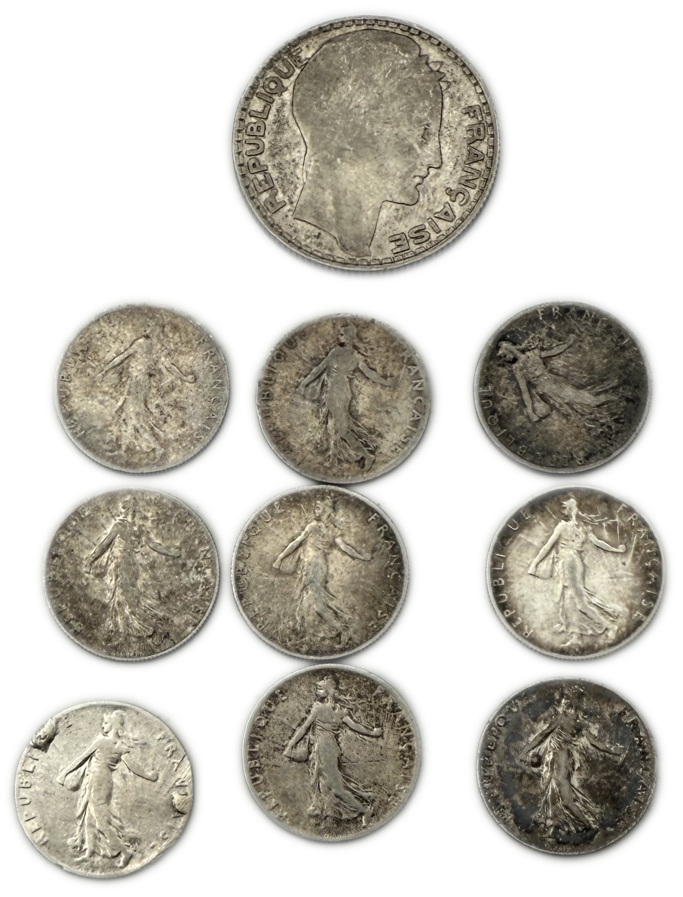 France - Lot of 10 coins, 10 Francs 1930 and 9 coins of 50 Centimes, different years - Siver, total weight 32.5g ... - 1 0