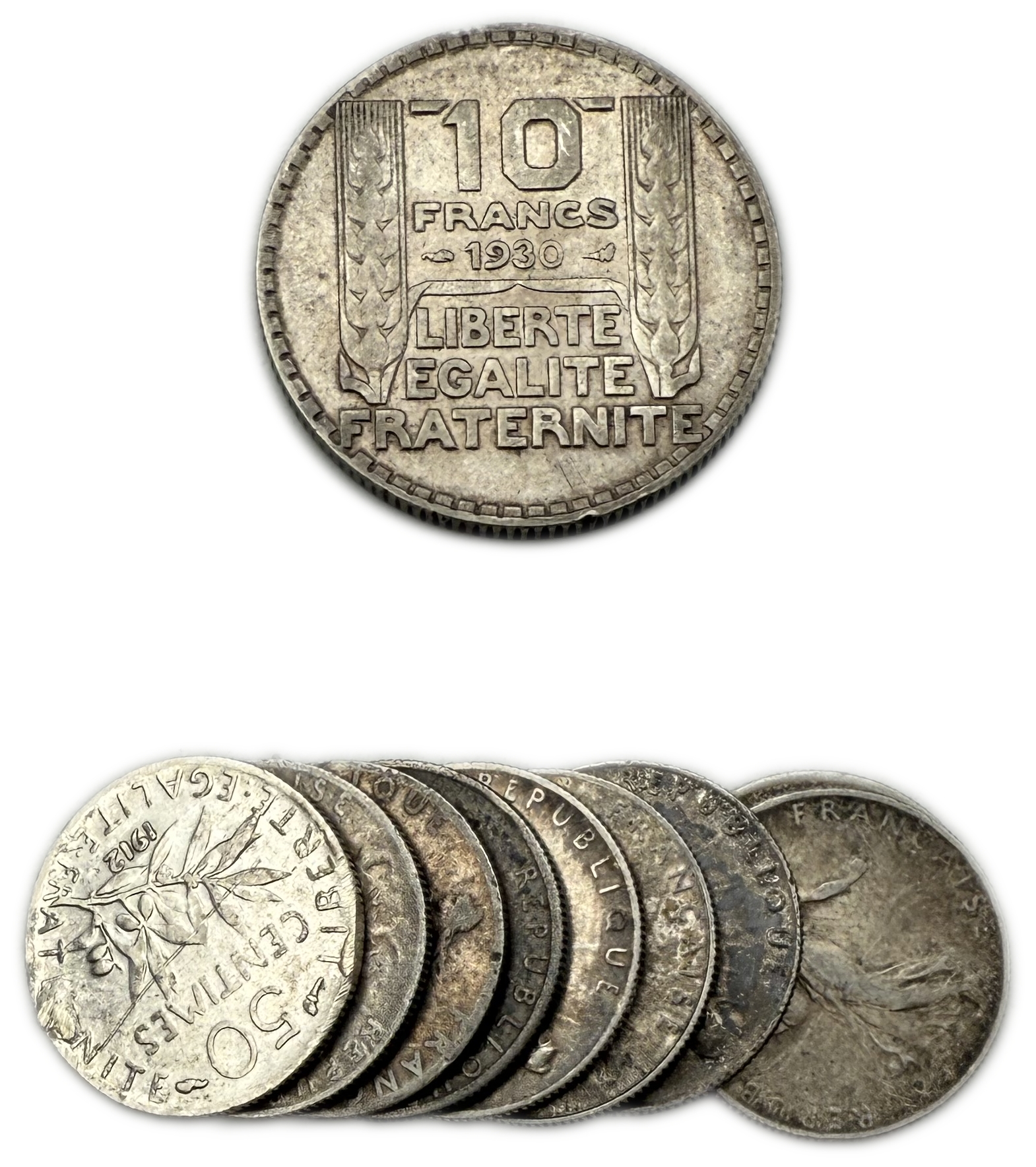 France - Lot of 10 coins, 10 Francs 1930 and 9 coins of 50 Centimes, different years - Siver, total weight 32.5g ... - 1 2