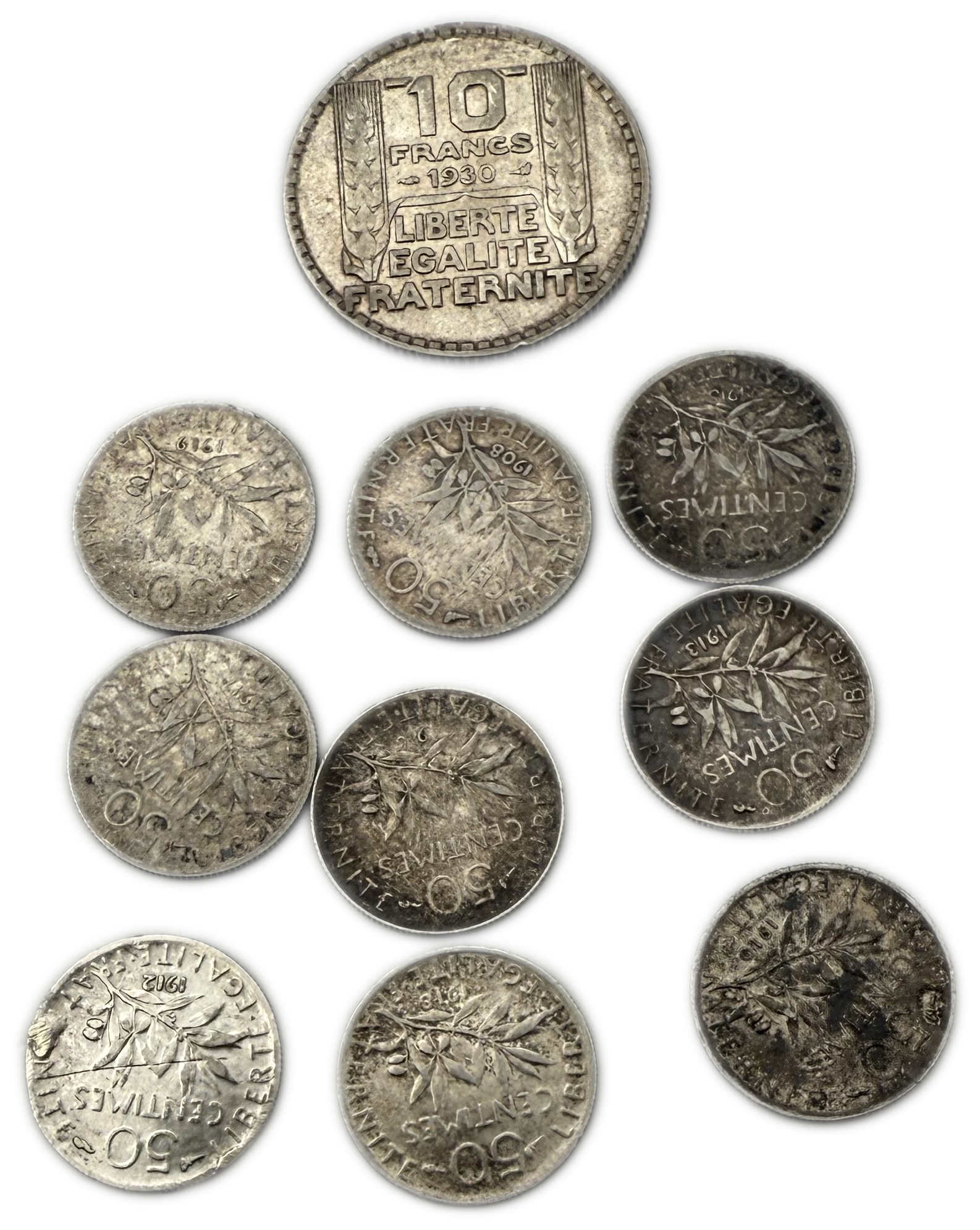 France - Lot of 10 coins, 10 Francs 1930 and 9 coins of 50 Centimes, different years - Siver, total weight 32.5g ... - 1 1