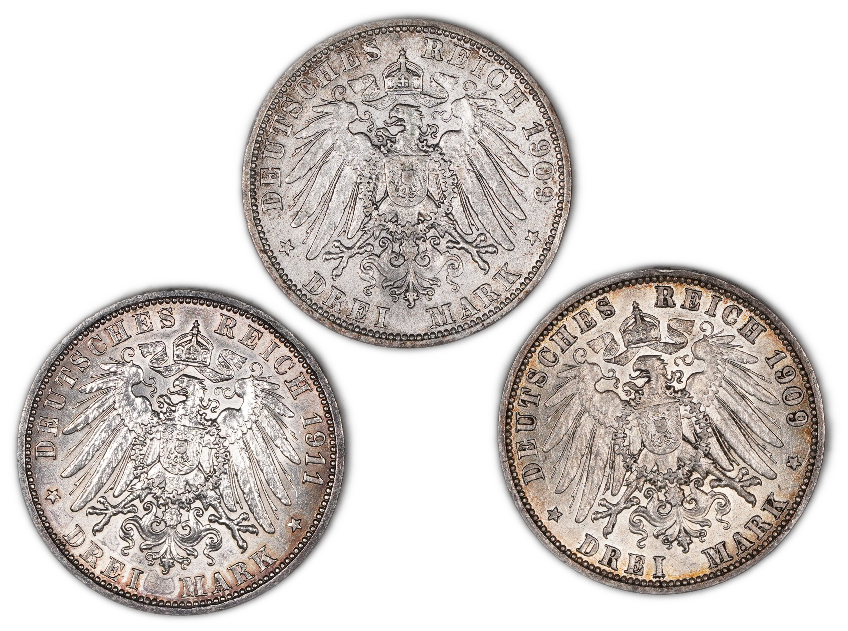 Germany - 3 coins of 3 Mark 1909, 1911 - Silver 900, Total 49.98g (NET 44.98g, 1.44 OZ) 33mm - 1 0