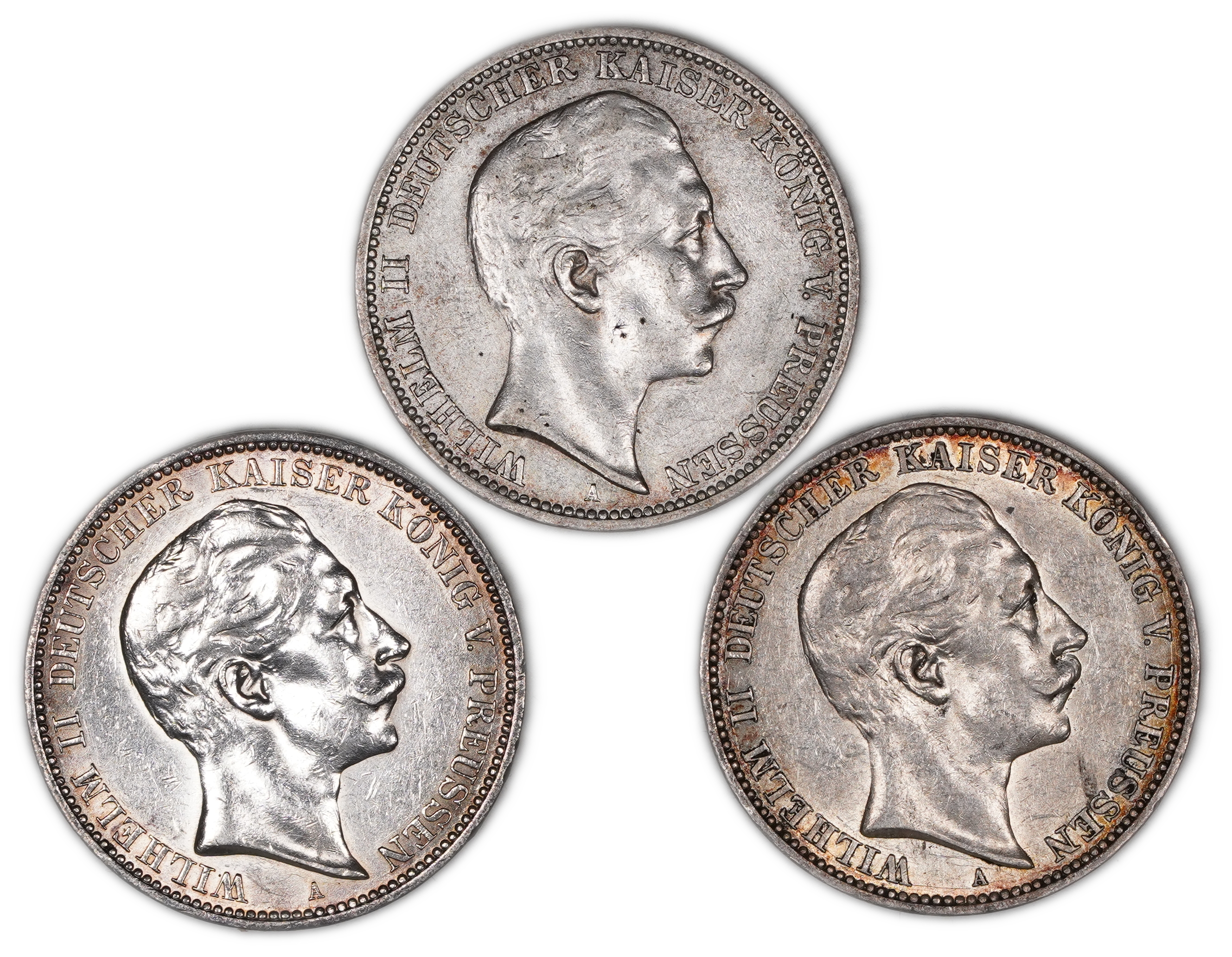 Germany - 3 coins of 3 Mark 1909, 1911 - Silver 900, Total 49.98g (NET 44.98g, 1.44 OZ) 33mm - 1 1
