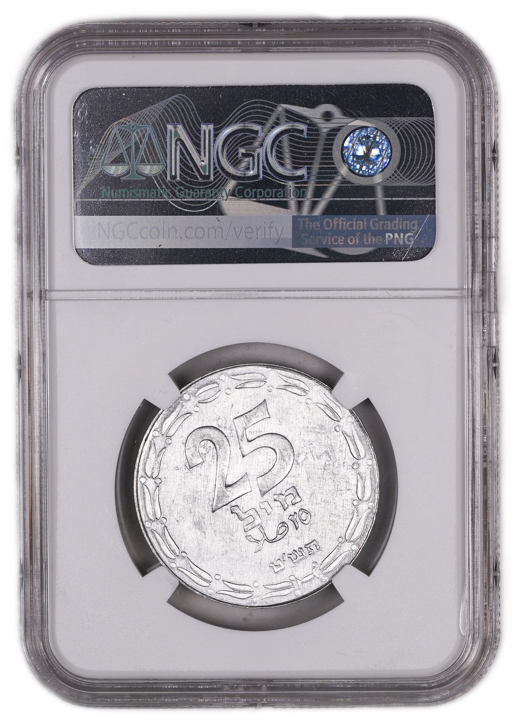 Israel - 25 Mils 1949 - Open Link - Minting Error - Rotated 45 degrees to the Left - NGC MS 64 - 1 3