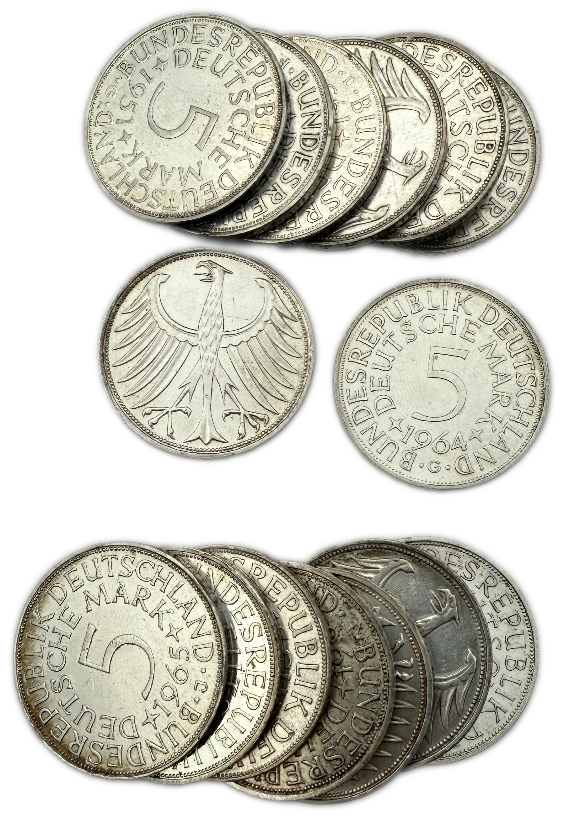 Germany - 15 coins of 5 Deutsche Mark 1960' - Silver 625, Total 168g (NET 105g, 3.37 OZ), 29mm - 1 0