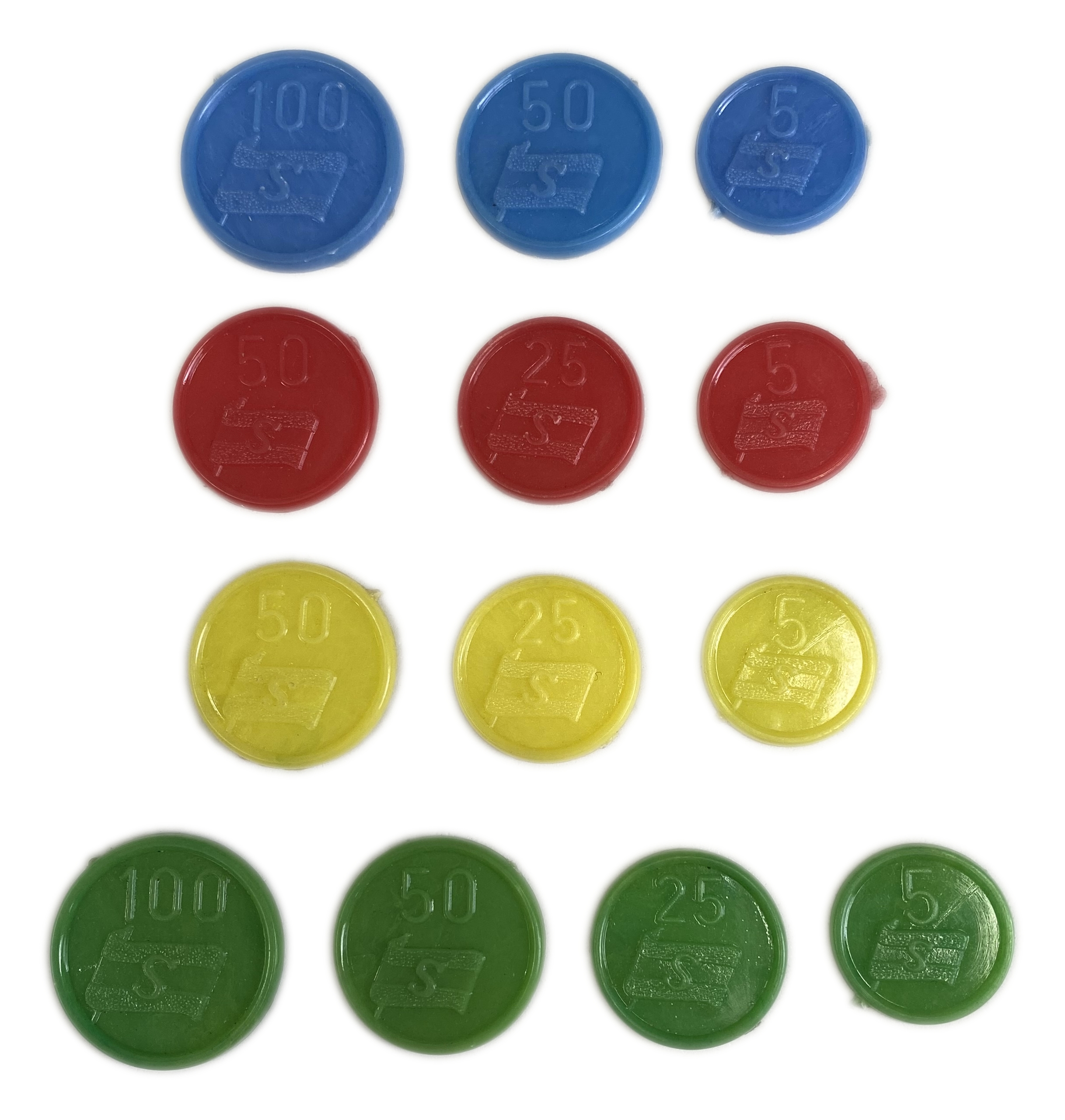 Israel - A collection of 13 plastic tokens in various colors and denominations, 1950s. They were probably used as a ...