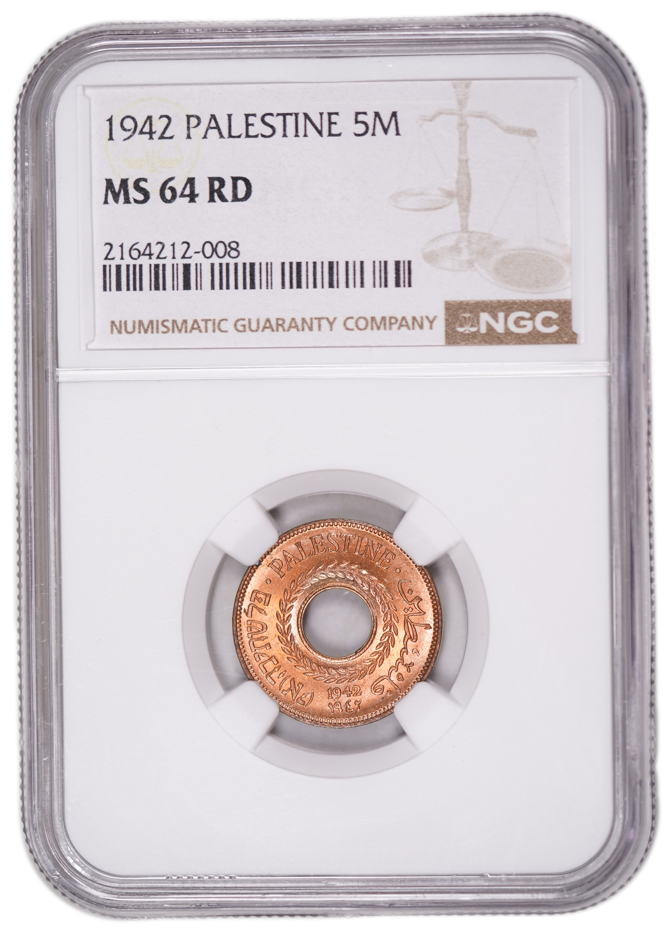 Palestine – 5 Mils 1942 Copper – NGC MS 64 RD - 1 2