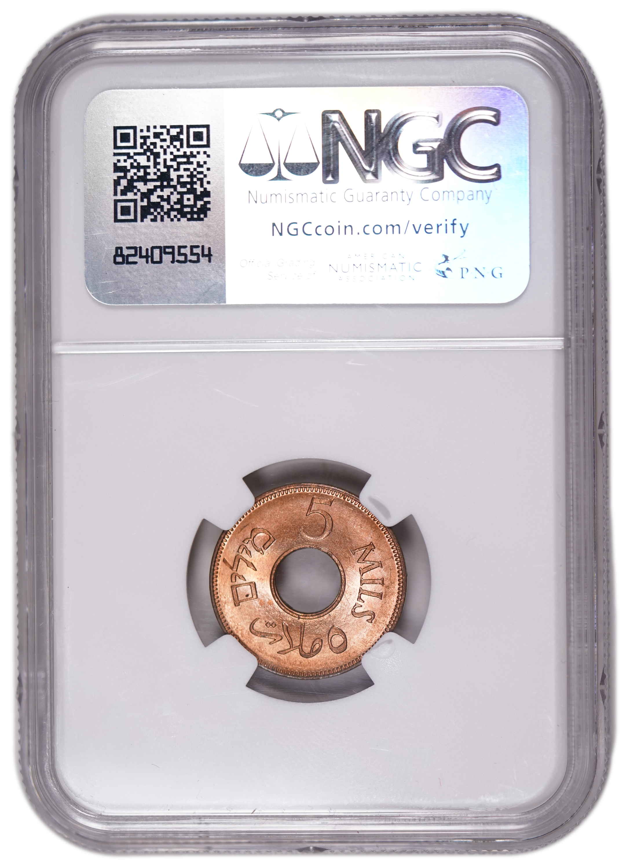 Palestine – 5 Mils 1942 Copper – NGC MS 64 RD - 1 3