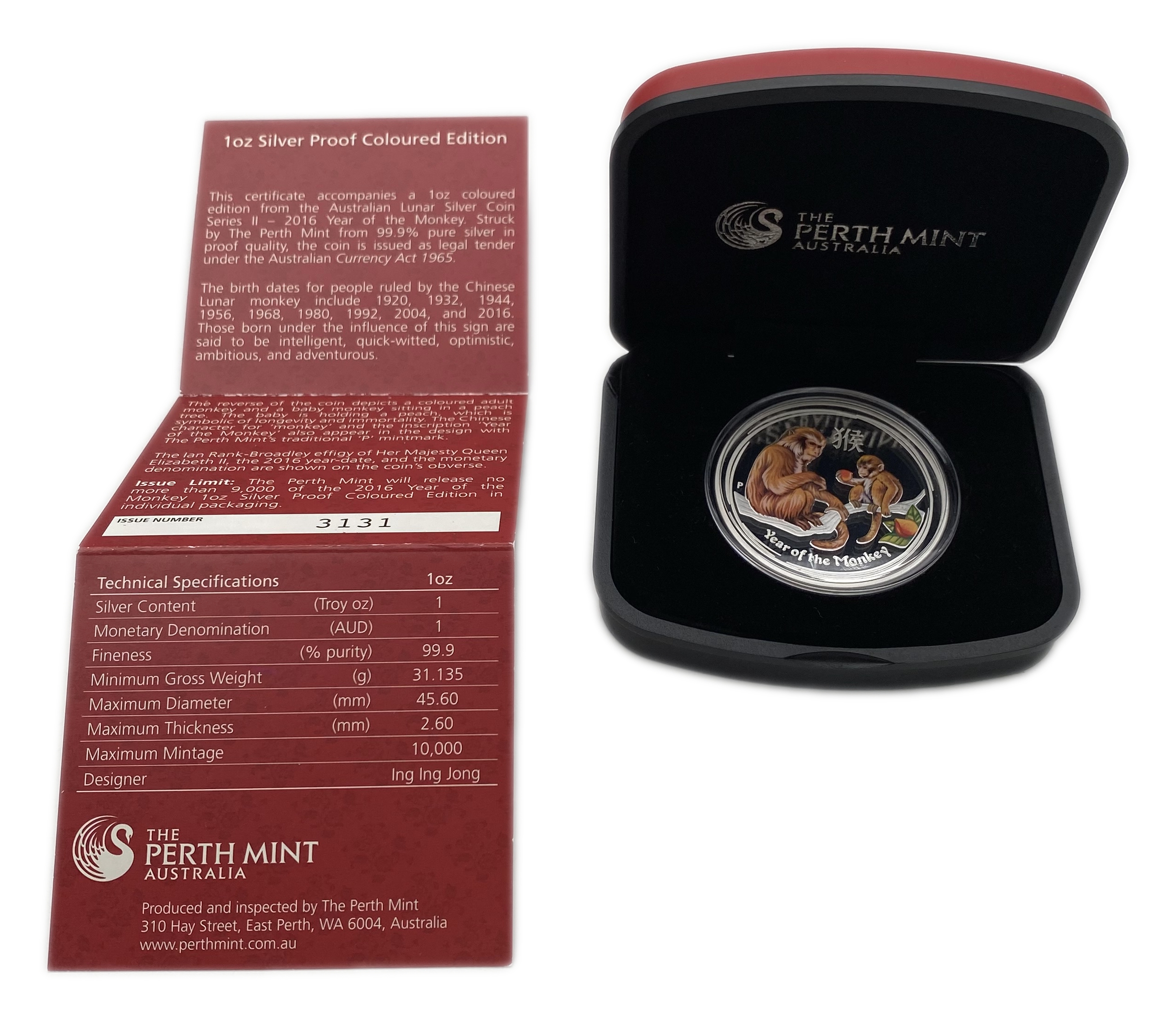 Australia - 1 Dollar 2016 - Elizabeth II, Year of the Monkey - Silver 999, 31.1g, 40.6mm - 1 2