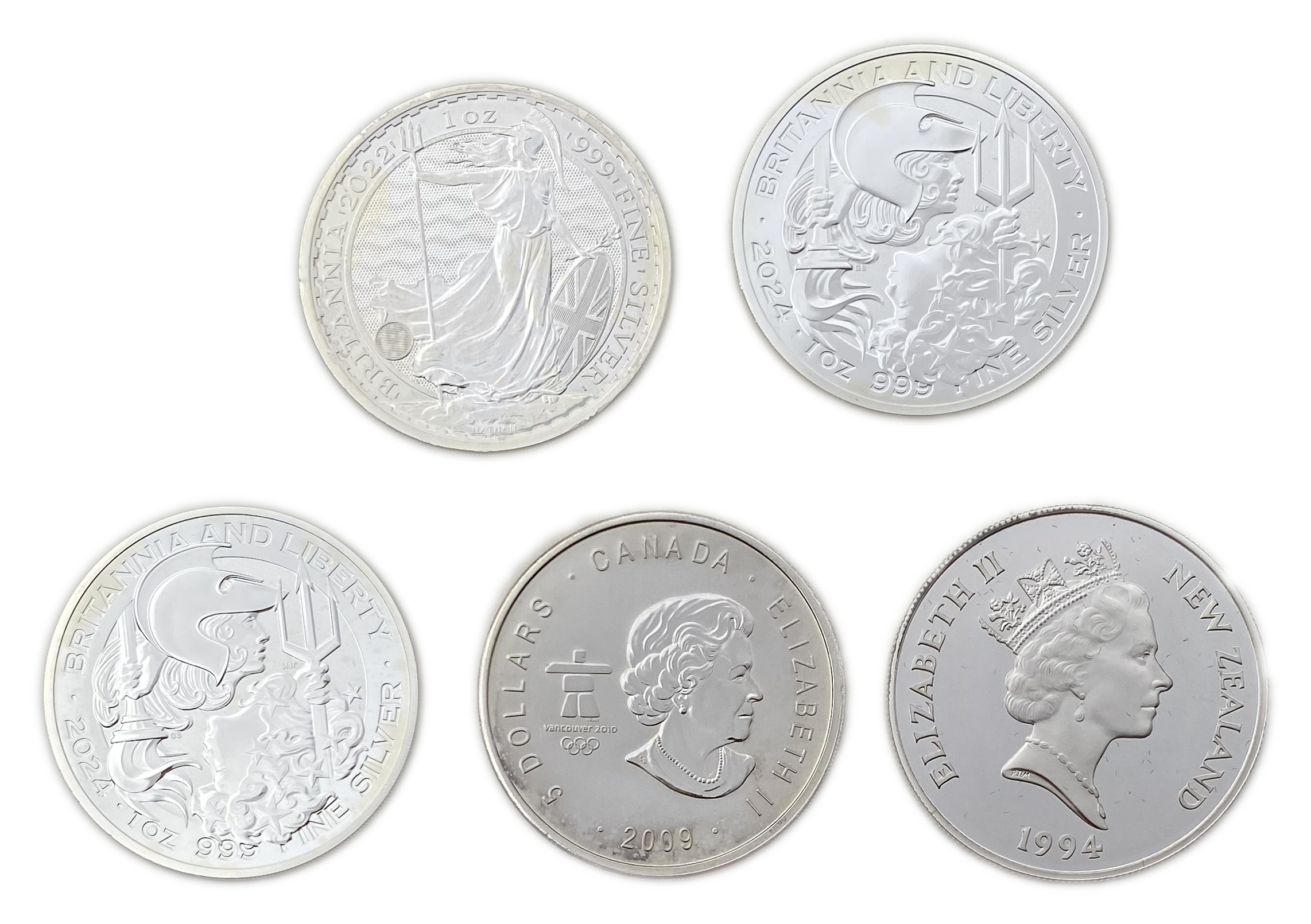 World - A set of 5 coins made of 999 silver weighing an ounce (31.1g) except for one New Zealand coin whose purity ... - 1 0