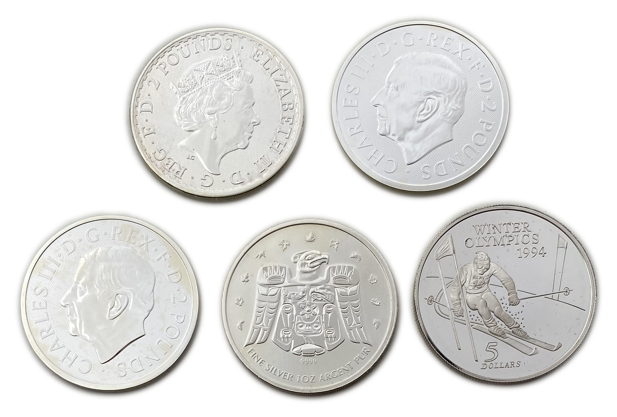 World - A set of 5 coins made of 999 silver weighing an ounce (31.1g) except for one New Zealand coin whose purity ... - 1 1