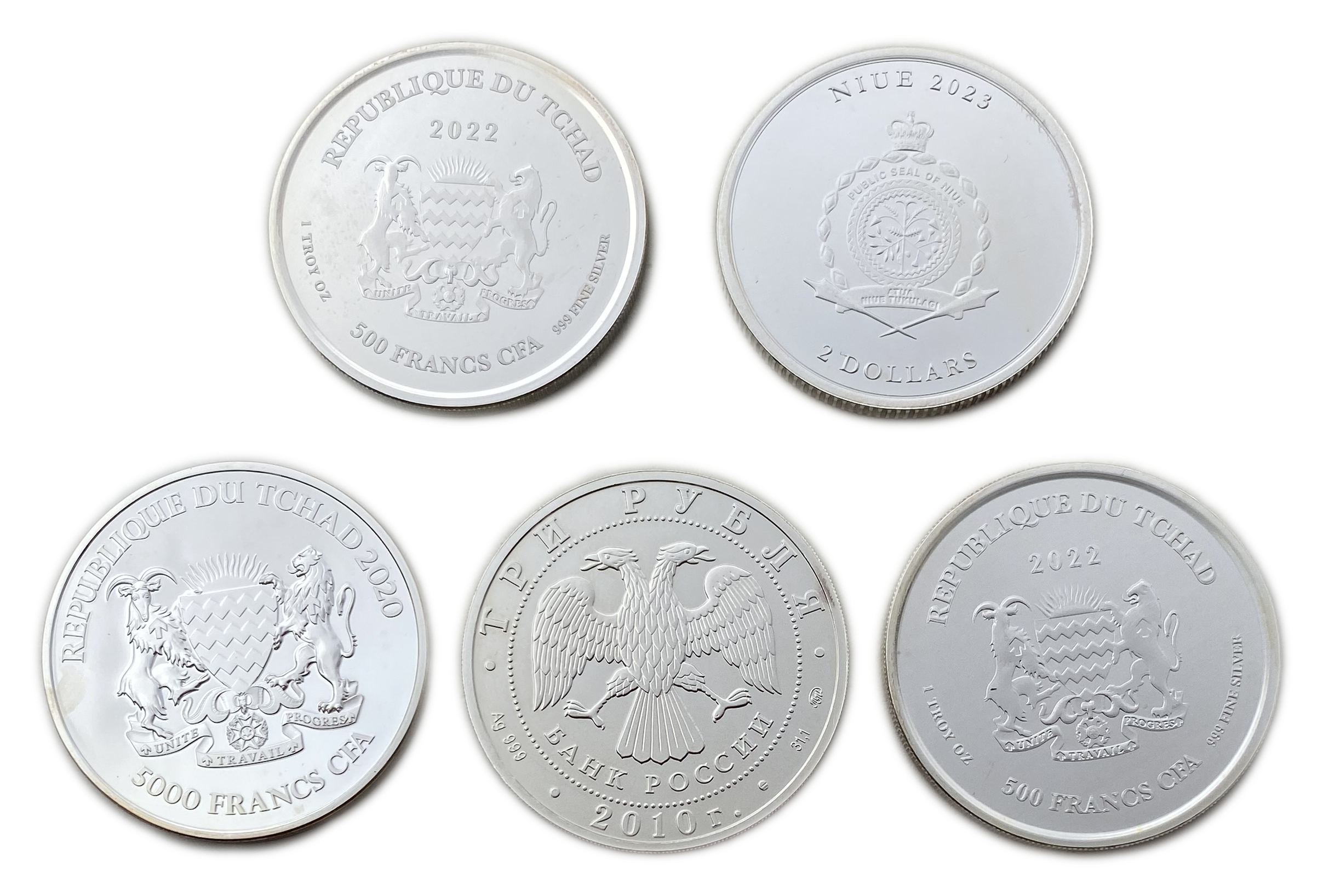 World - Set of 5 silver 999 and 31.1g' coins - 1 0