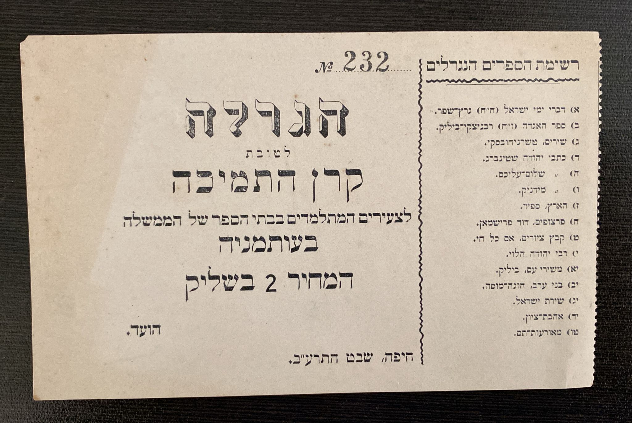 Paypar money token – Palestine / Land of Israel – 2 Bishlik 1911-1912 – Lottery Ticket for the Support Fund for ... - 1 0
