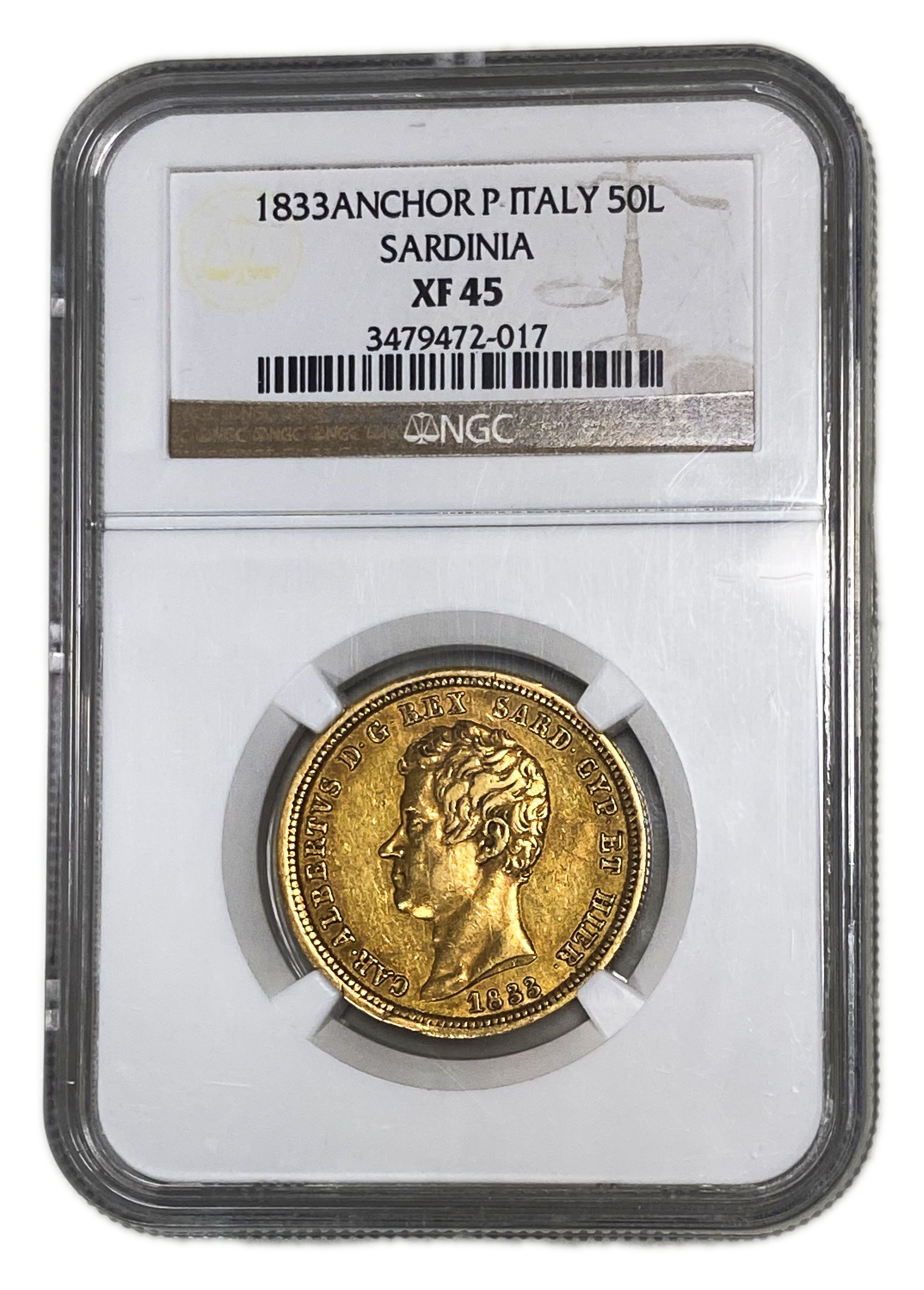 Italy - 50 Lire 1833, Anchor - Sardinia - NGC XF 45 - Mintage of Only 92 Units, Extremely Rare - Gold 900, 16.12g, 27mm - 1 2