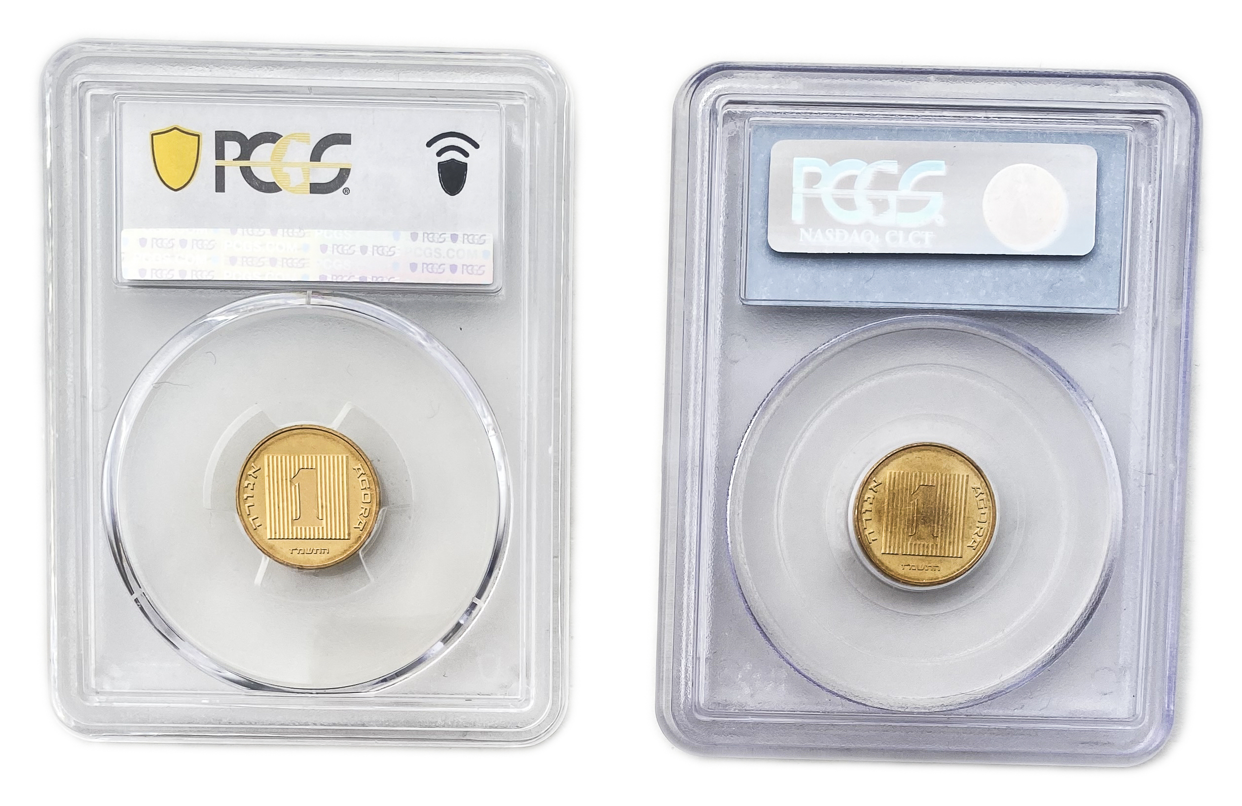 Israel – Pair coins of 1 Agora 1987 - PCGS PL 68, 69 - Piefort - 1 1
