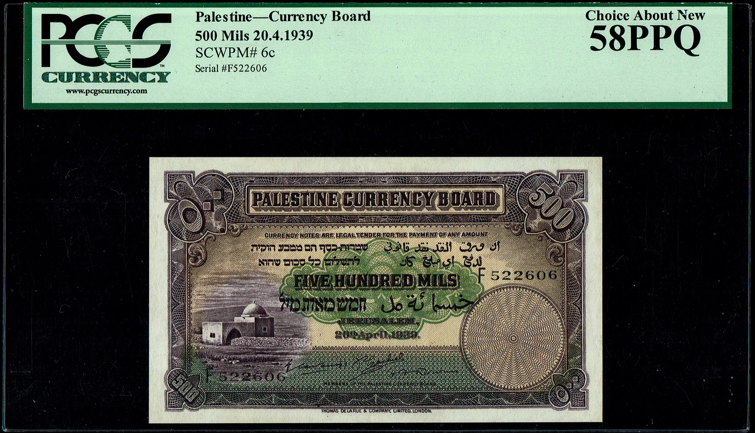 Palestine - 500 mils 1939 - PCGS 58 PPQ - Prefix F - 1 0
