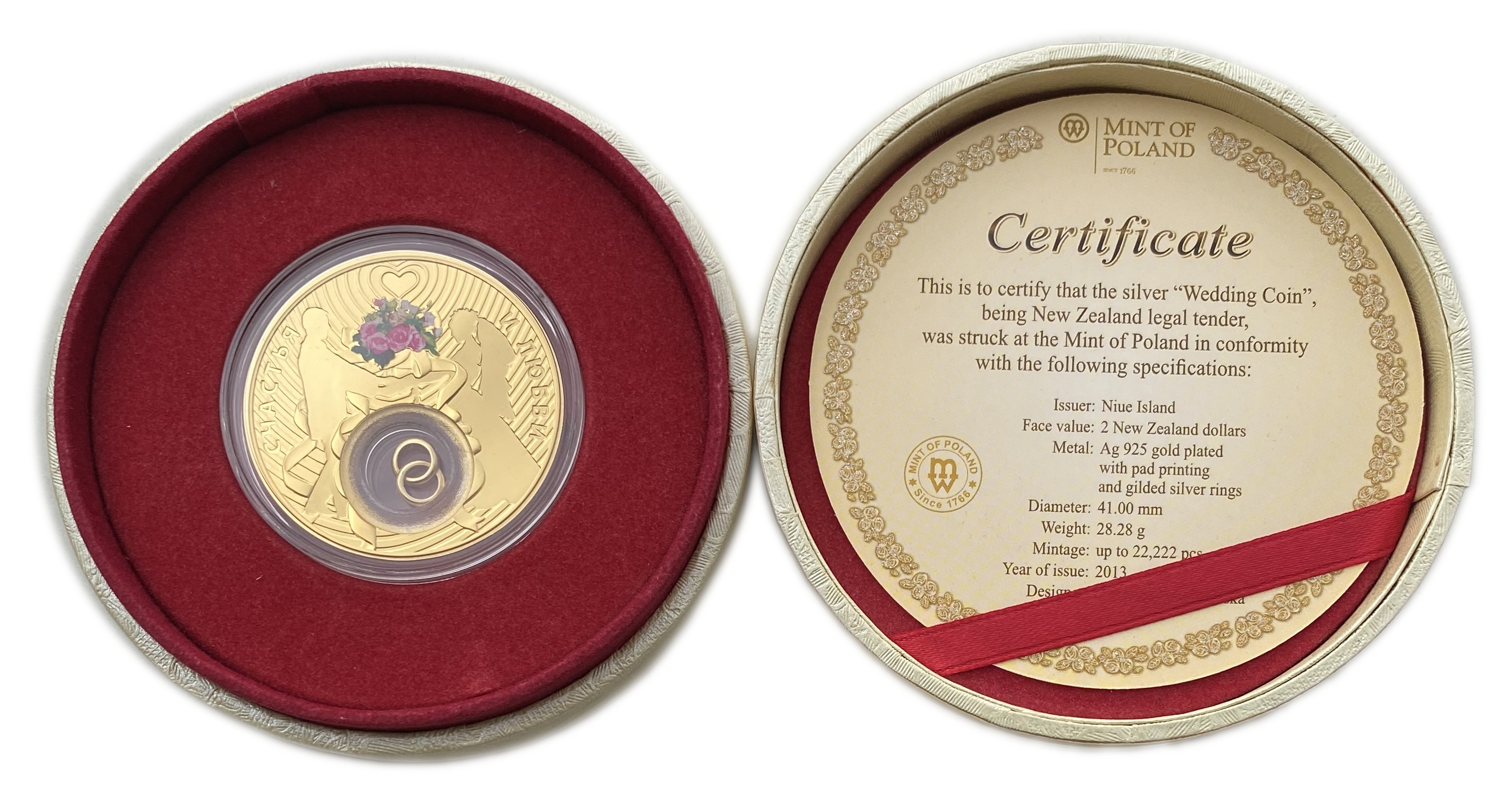 New Zeland - 2 Dollars 2013 - Marrige - Silver 925 (Gold plated), 28.28g, 41mm - 1 2