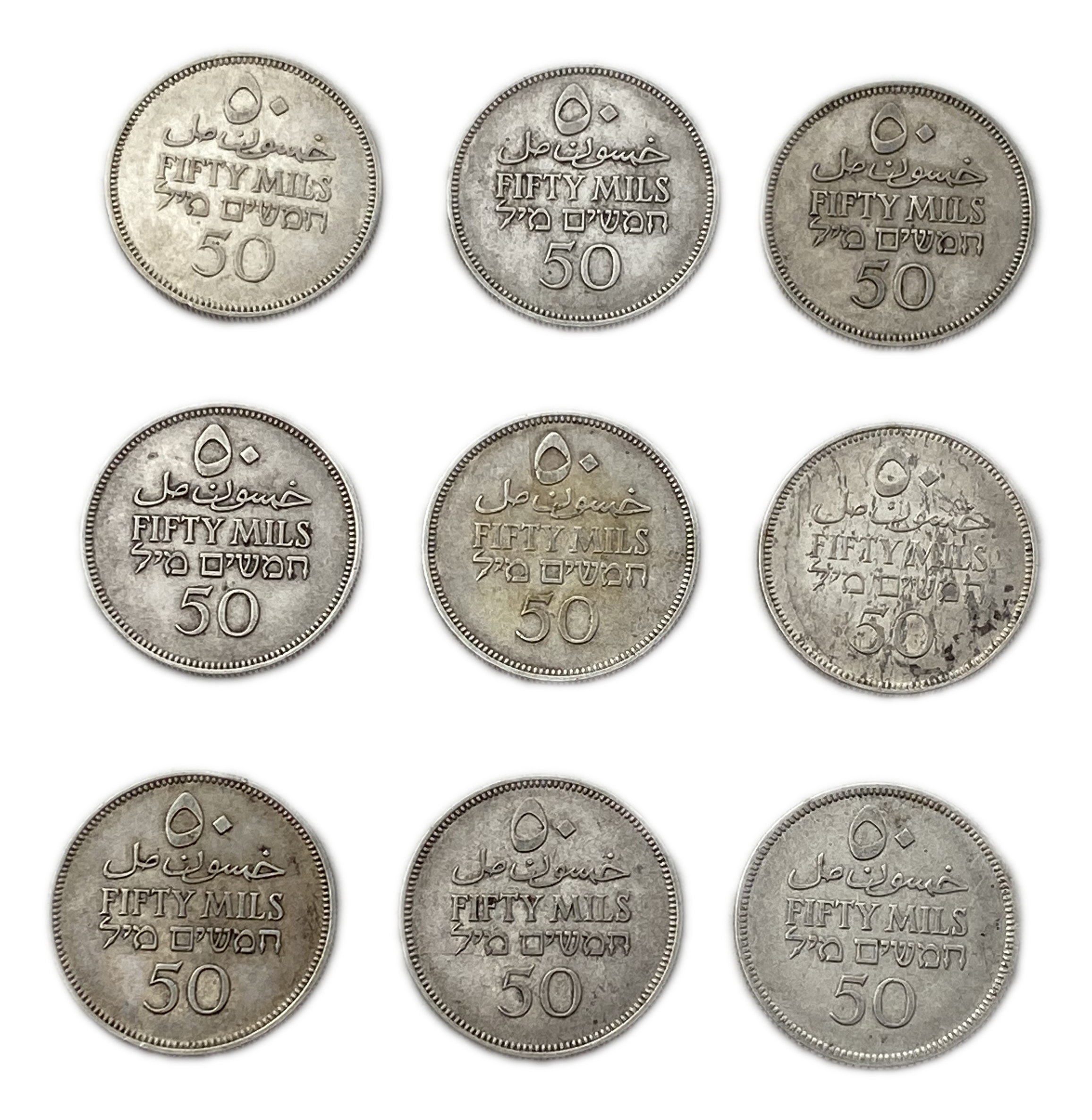 Palestine – Lot of 9 coins of 50 Mils 1935, 1939, 1940, 1942 – F-VF - 1 1